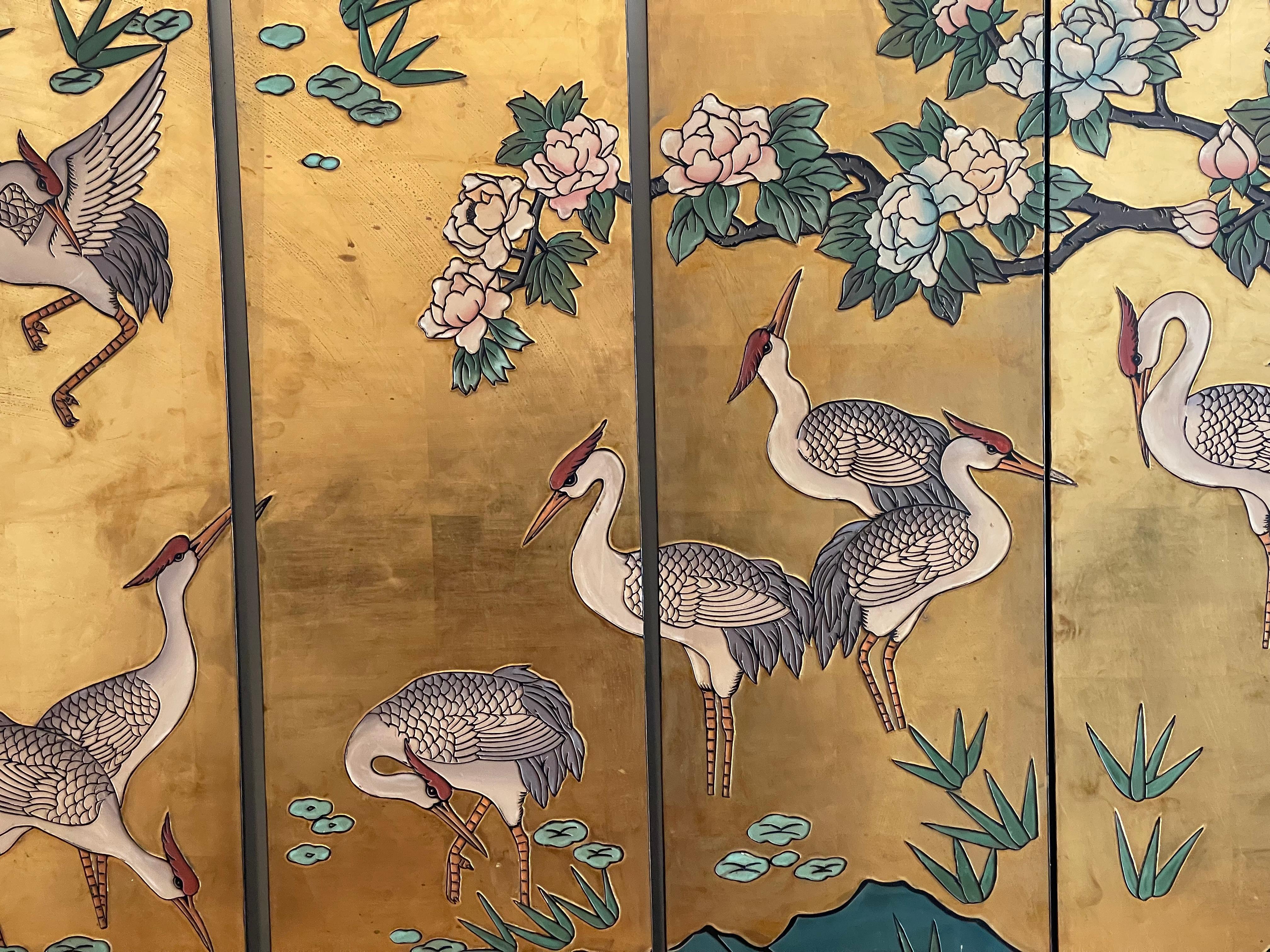 Japanese 6 Panel Gold Screen With Cranes In Good Condition For Sale In Boca Raton, FL