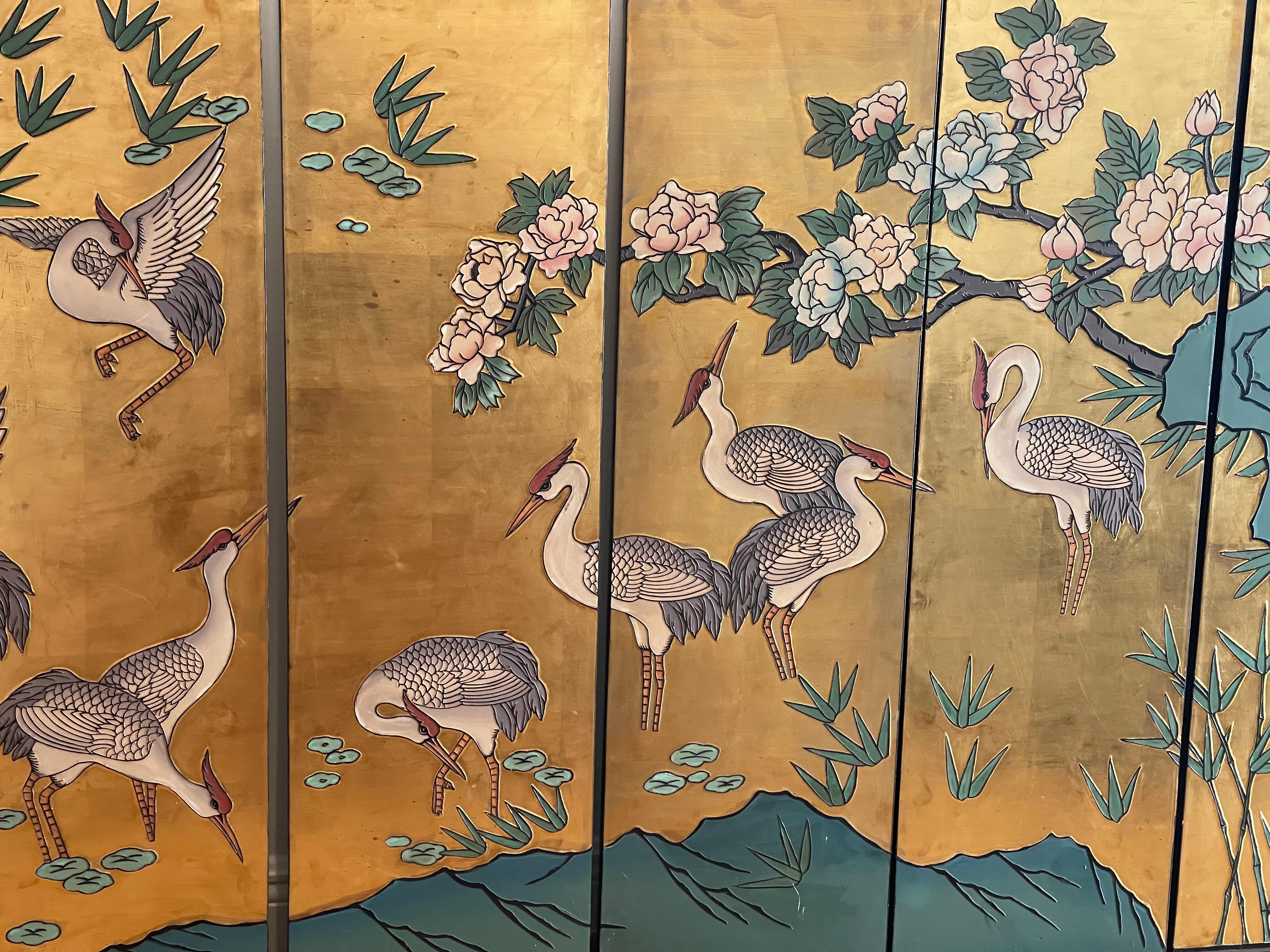 Wood Japanese 6 Panel Gold Screen With Cranes For Sale