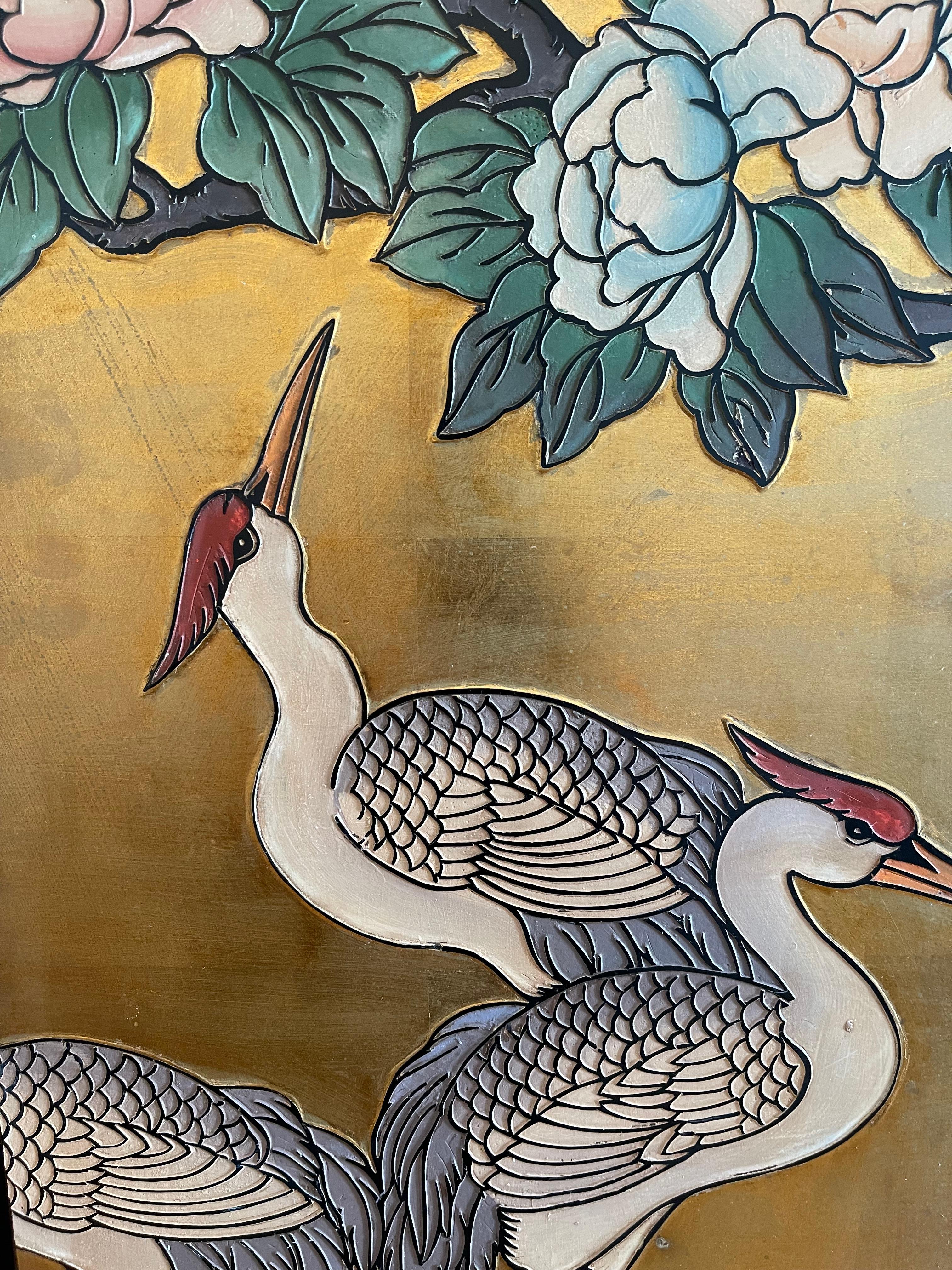 Japanese 6 Panel Gold Screen With Cranes For Sale 1