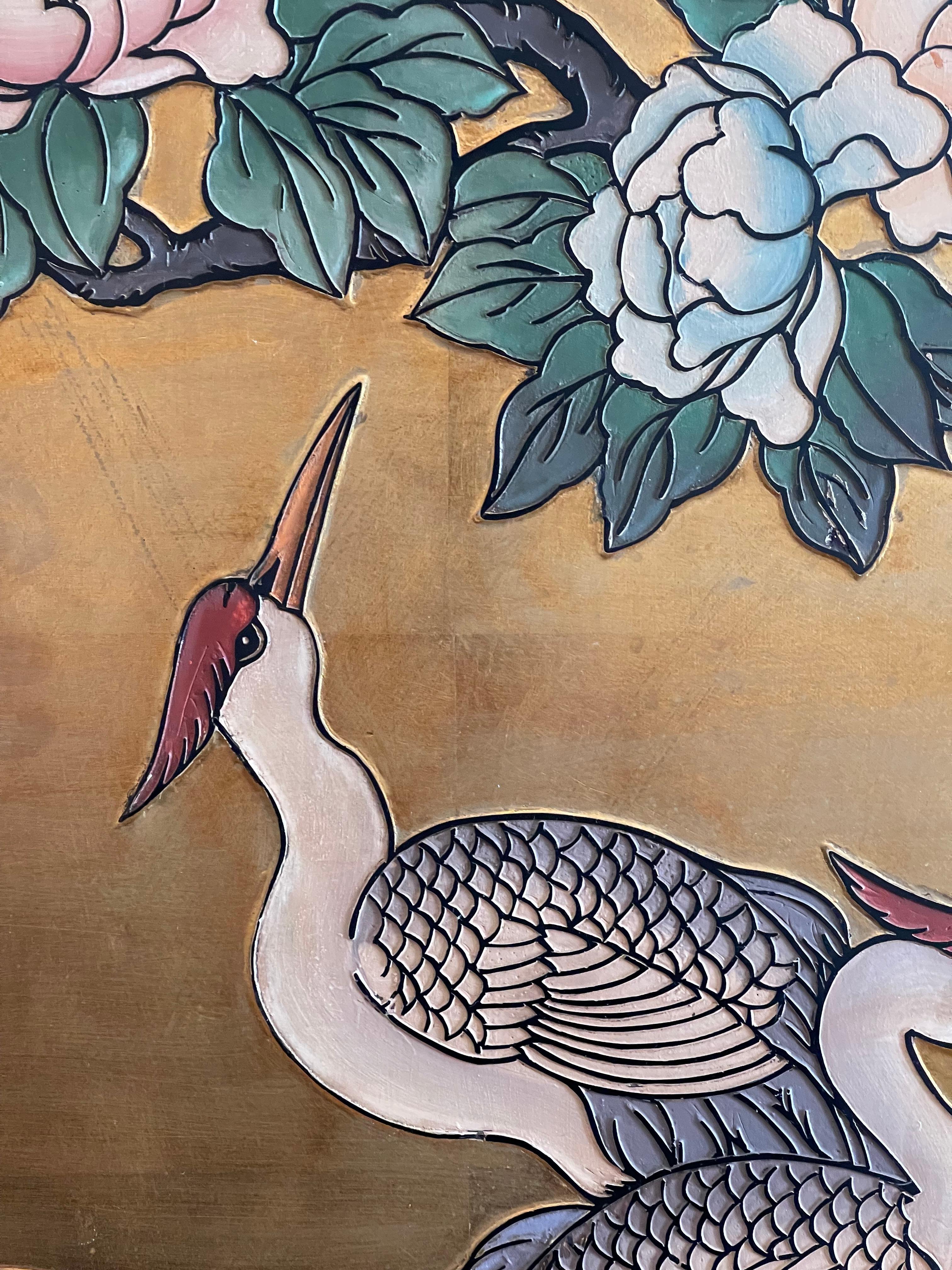 Japanese 6 Panel Gold Screen With Cranes For Sale 2