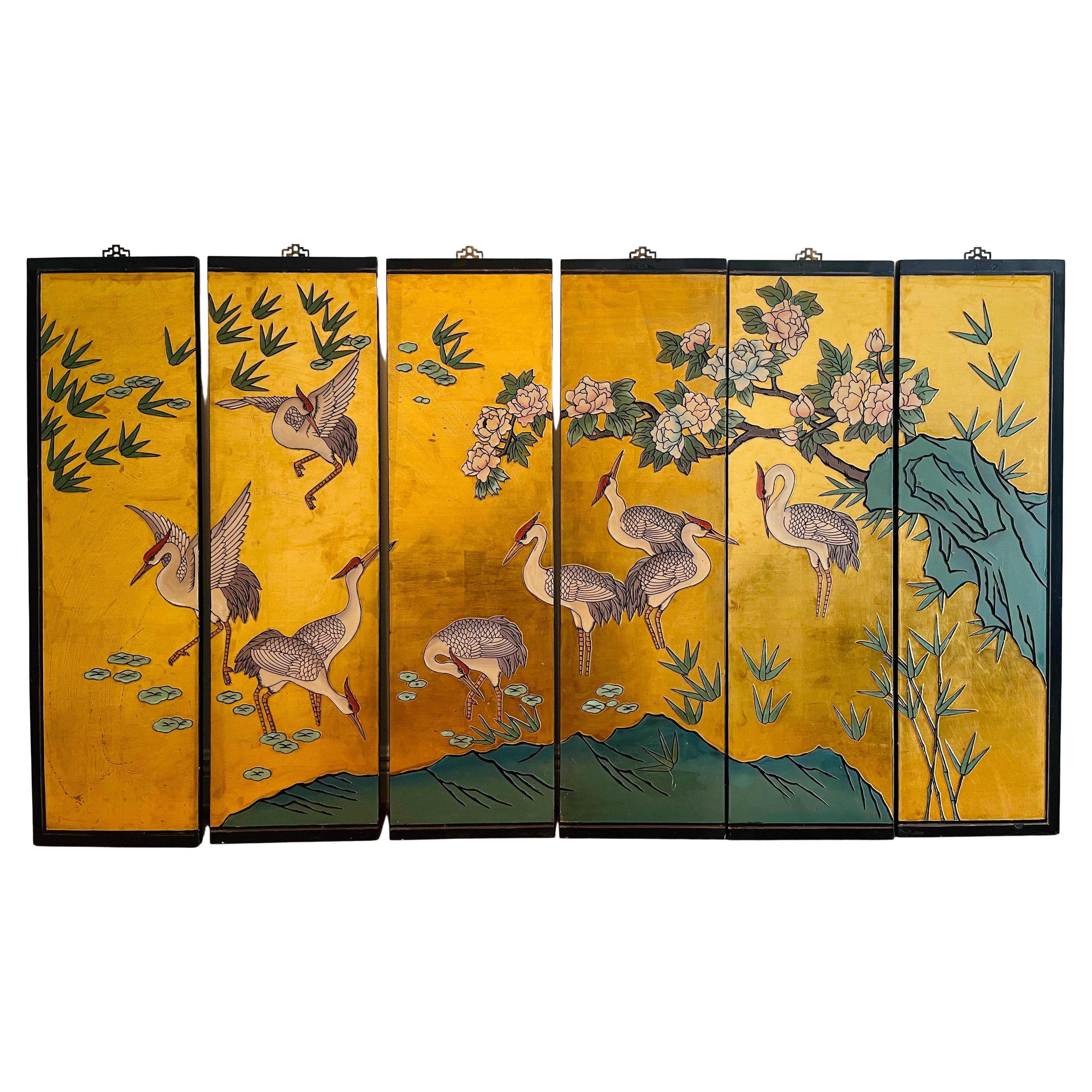 Japanese 6 Panel Gold Screen With Cranes
