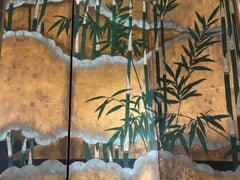 Japanese 6-Panel Painted Gilt Bamboo Leaf and Clouds Screen