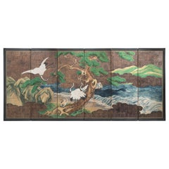 Japanese 6-Panel Screen of Cranes Amidst Pine Trees by Water