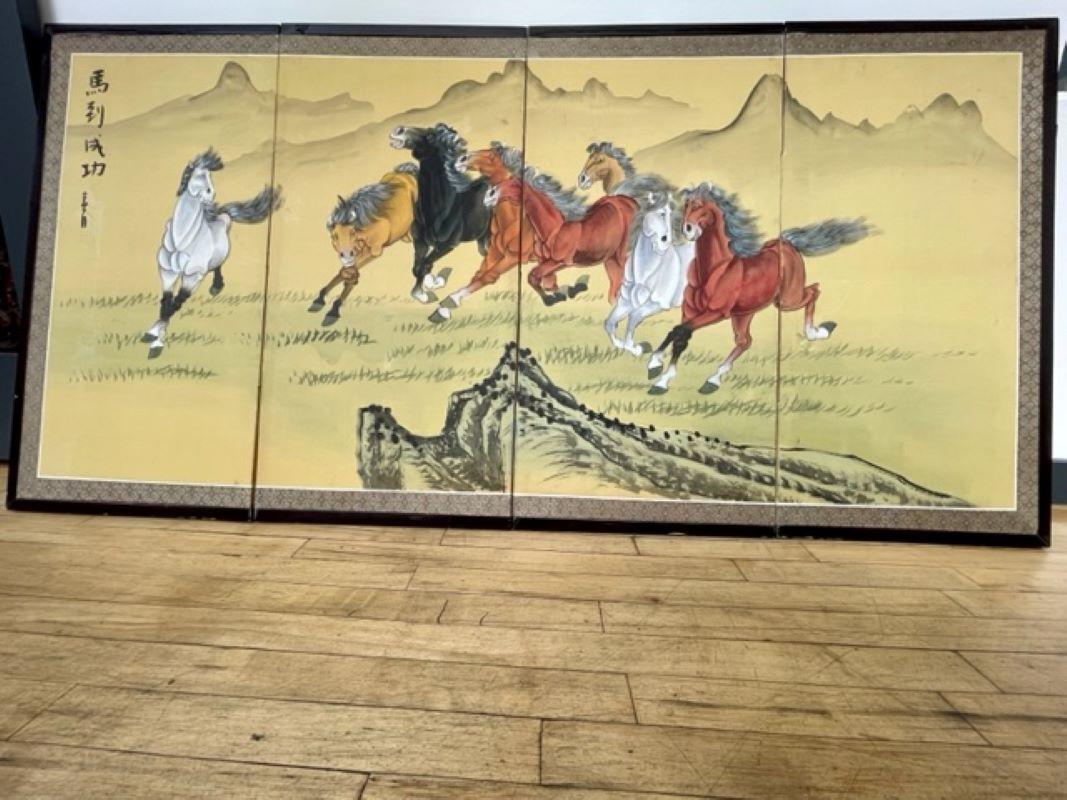 Taisho Japanese 6 Panels Screen with 8 Galloping Horses For Sale