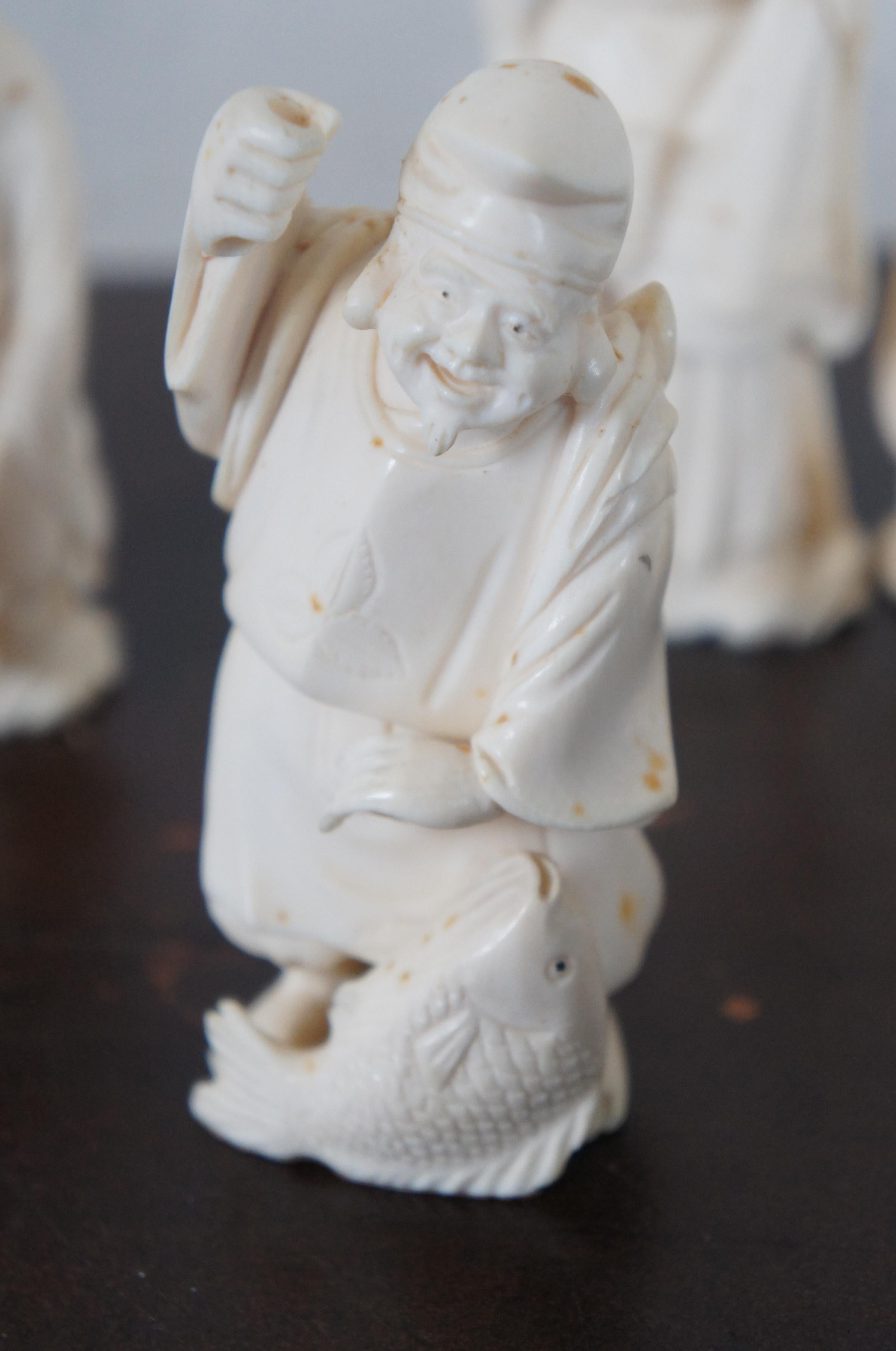 Japanese 7 Lucky Gods of Fortune Carved Bovine Netsuke Figures & Stand 1
