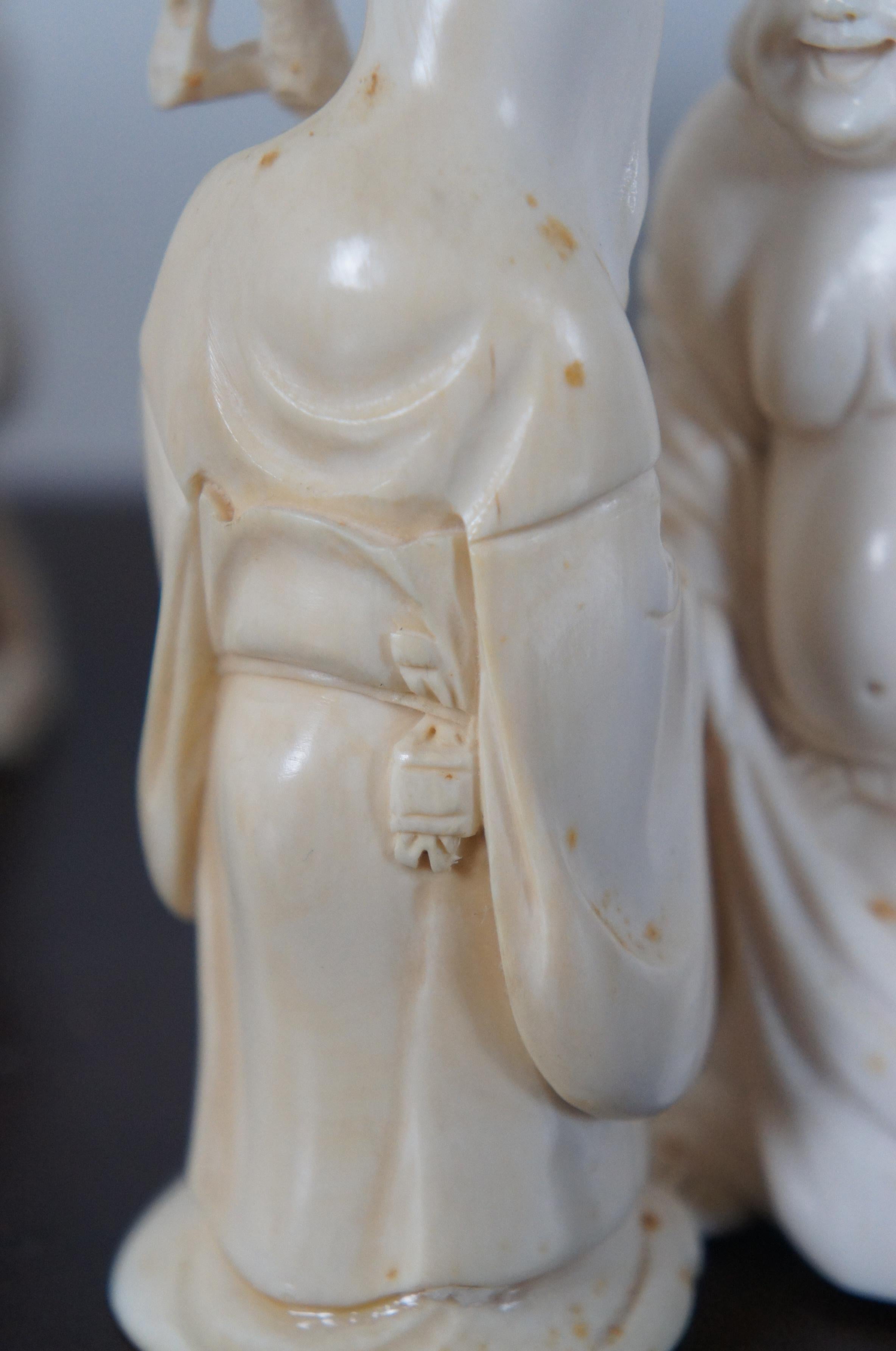 Japanese 7 Lucky Gods of Fortune Carved Bovine Netsuke Figures & Stand 2