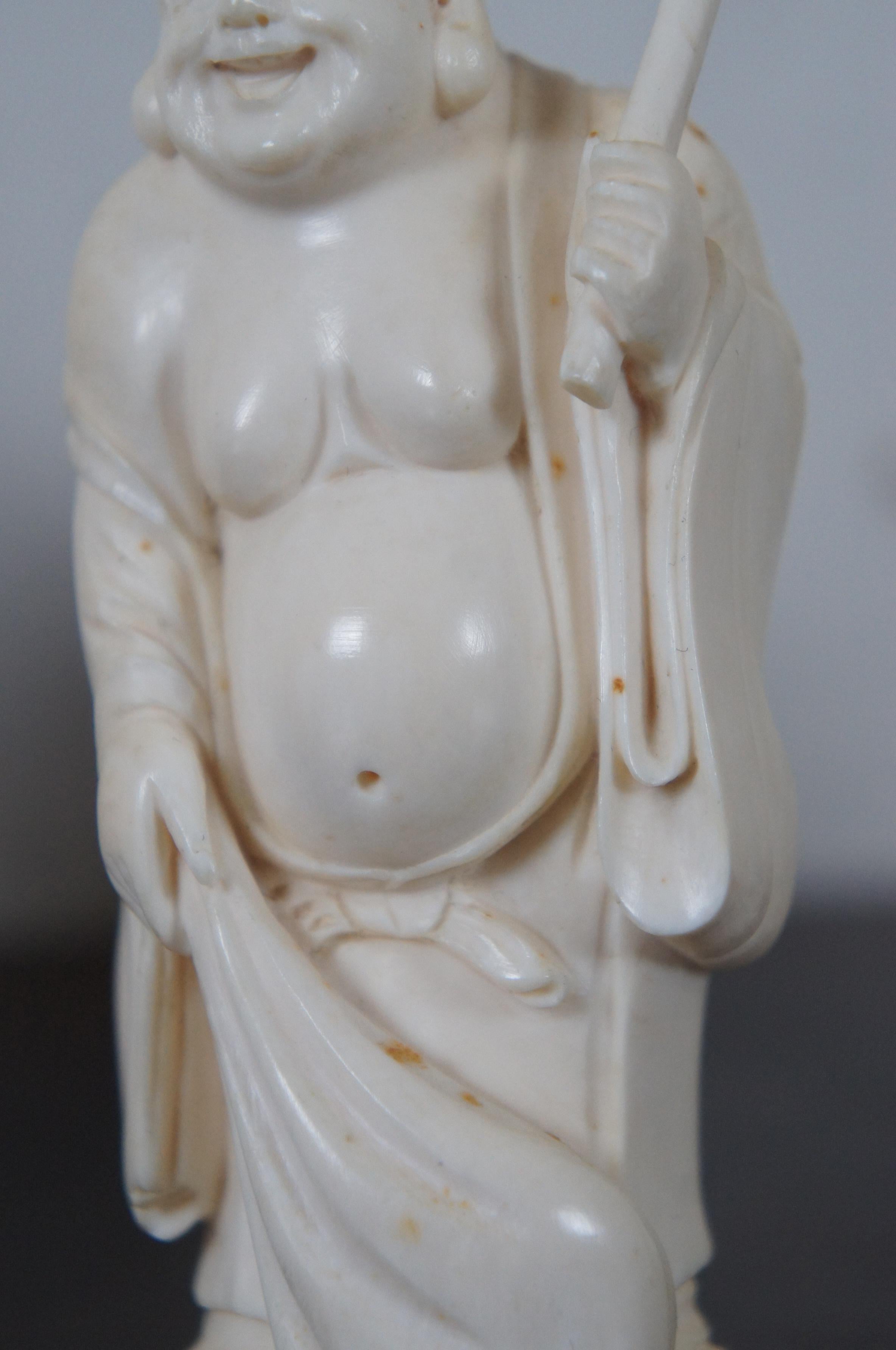 Japanese 7 Lucky Gods of Fortune Carved Bovine Netsuke Figures & Stand 3