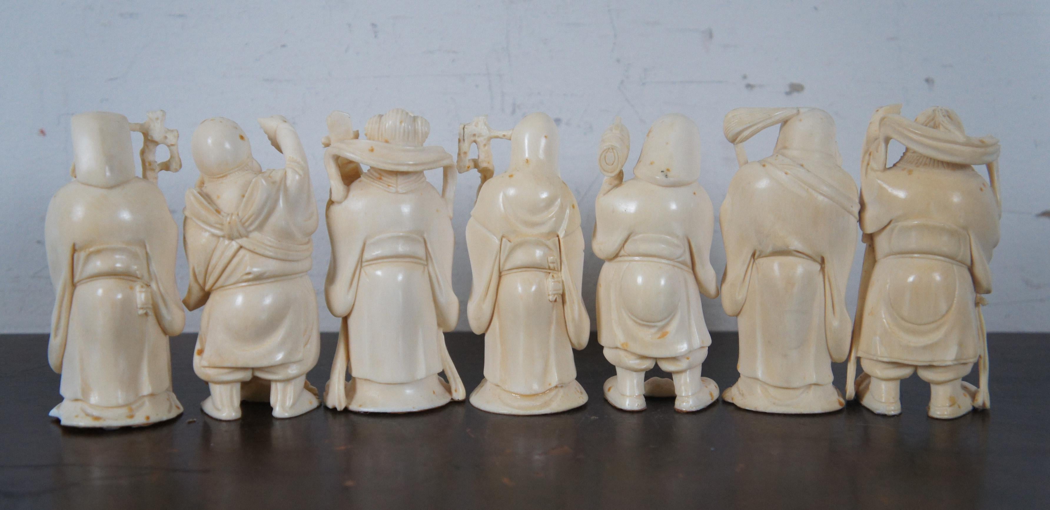 Asian Japanese 7 Lucky Gods of Fortune Carved Bovine Netsuke Figures & Stand