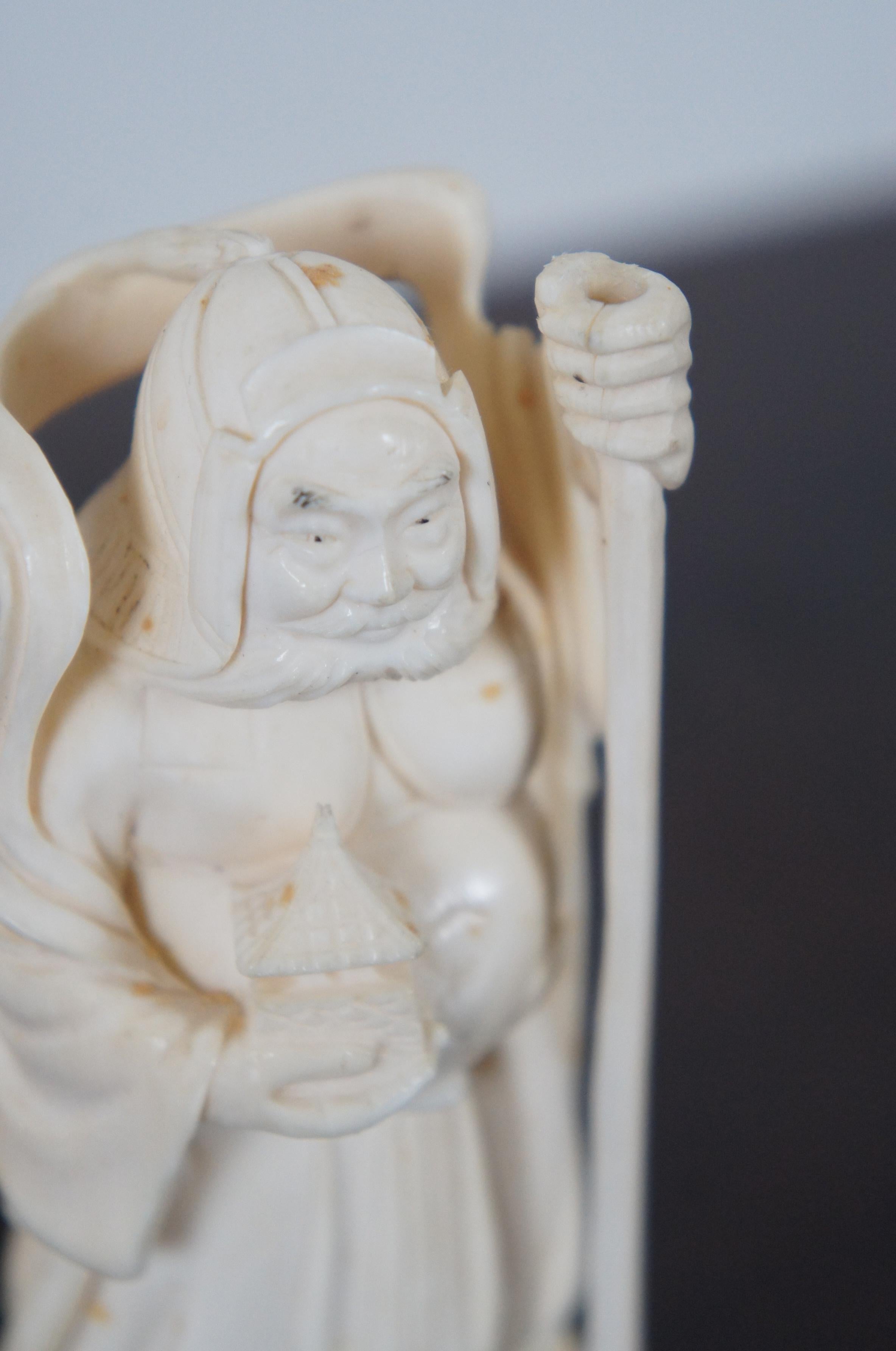 Bone Japanese 7 Lucky Gods of Fortune Carved Bovine Netsuke Figures & Stand