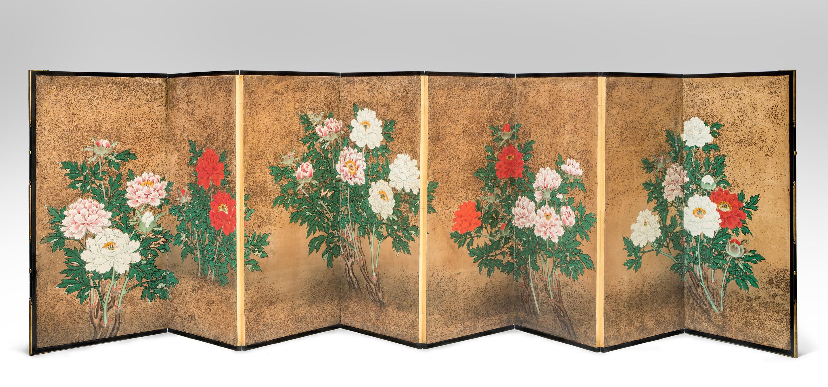 Japanese 8-panel screen of flowering peonies
A remarkable and rare low screen with each panel featuring an exuberant display of glorious multicolored peonies. The gold maki-e background centered with branches of blooming red, pink and white peonies