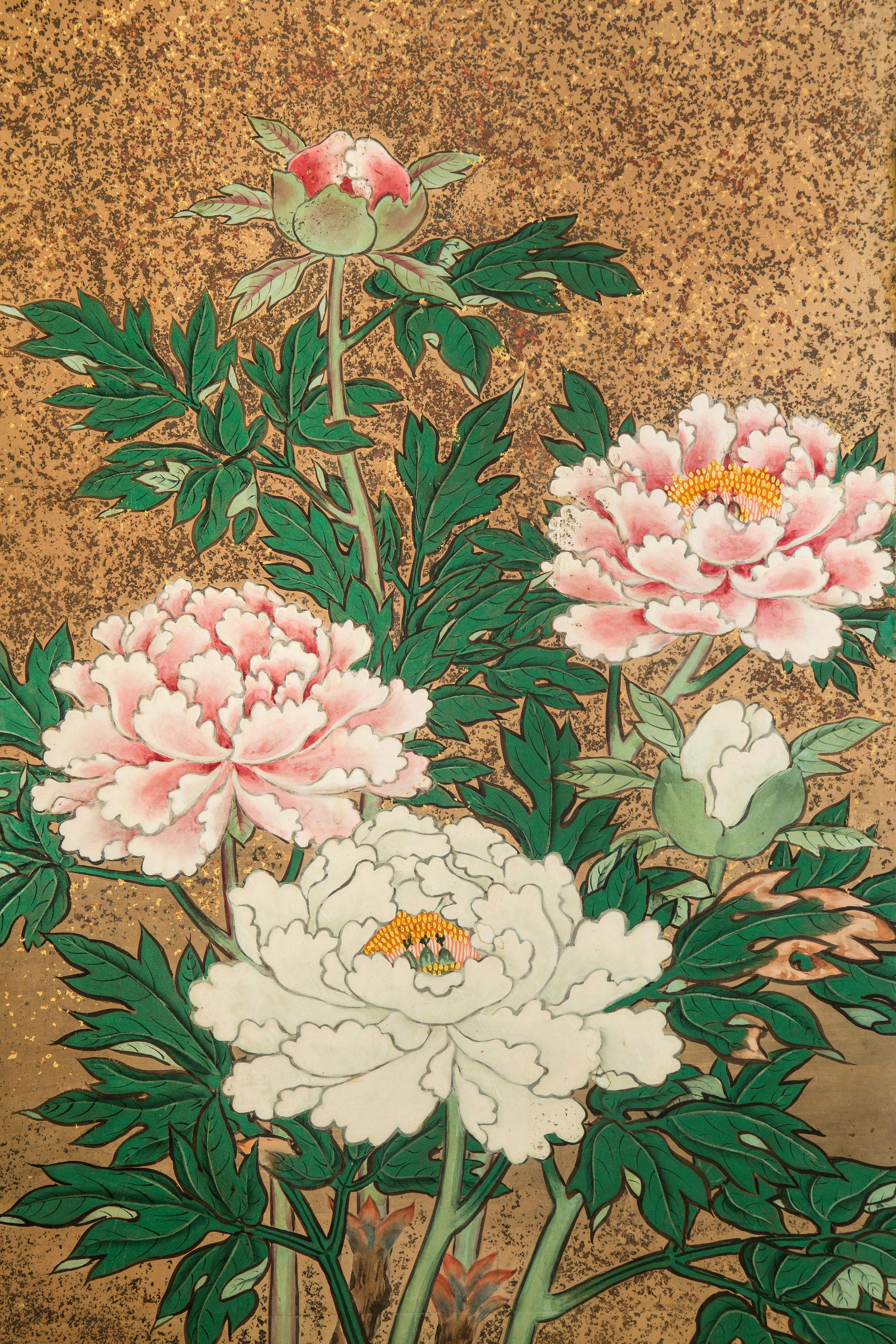 Painted Japanese 8 Panel Screen of Flowering Peonies For Sale