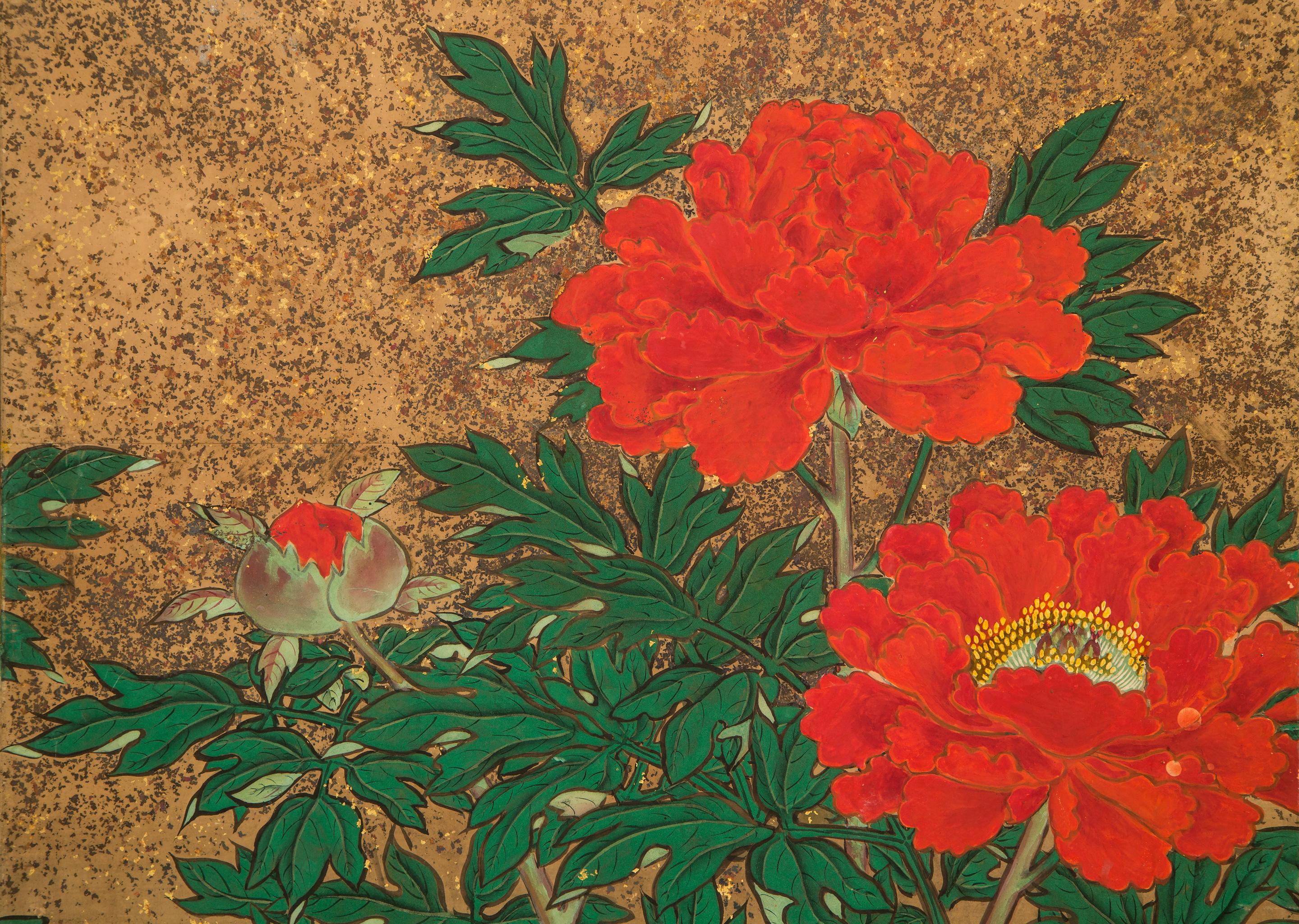 Japanese 8 Panel Screen of Flowering Peonies In Good Condition For Sale In New York, NY