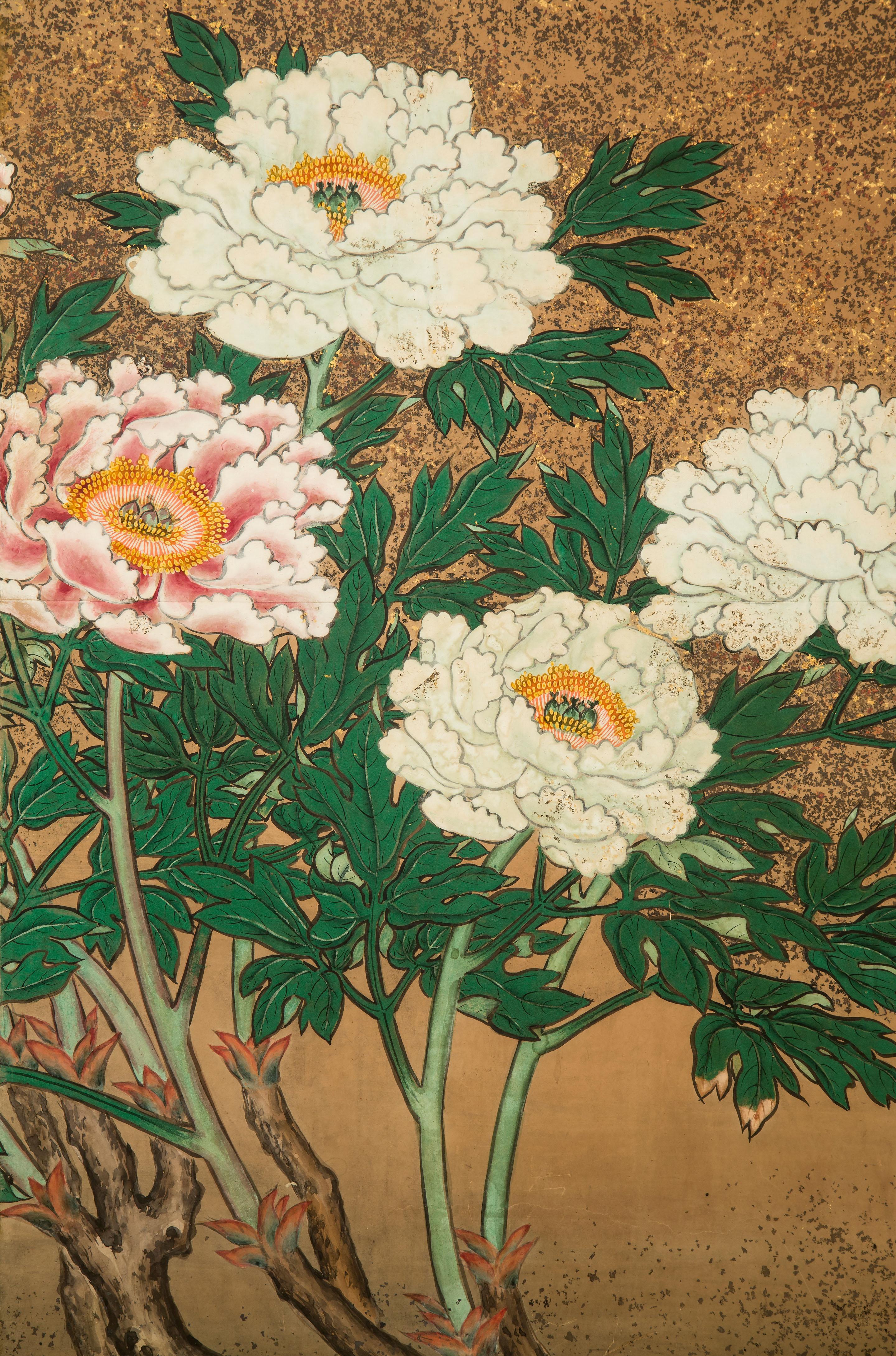 19th Century Japanese 8 Panel Screen of Flowering Peonies For Sale