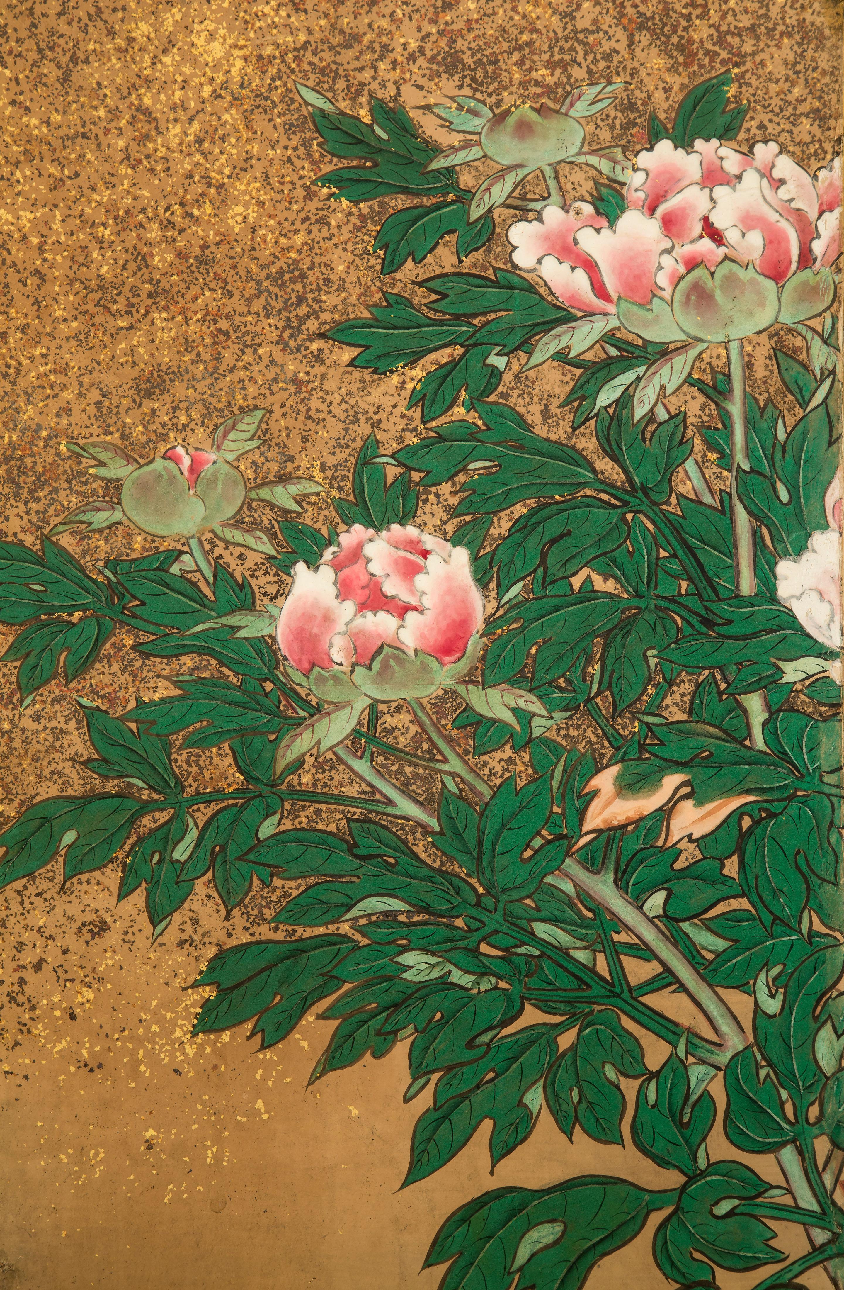 Gold Leaf Japanese 8 Panel Screen of Flowering Peonies For Sale