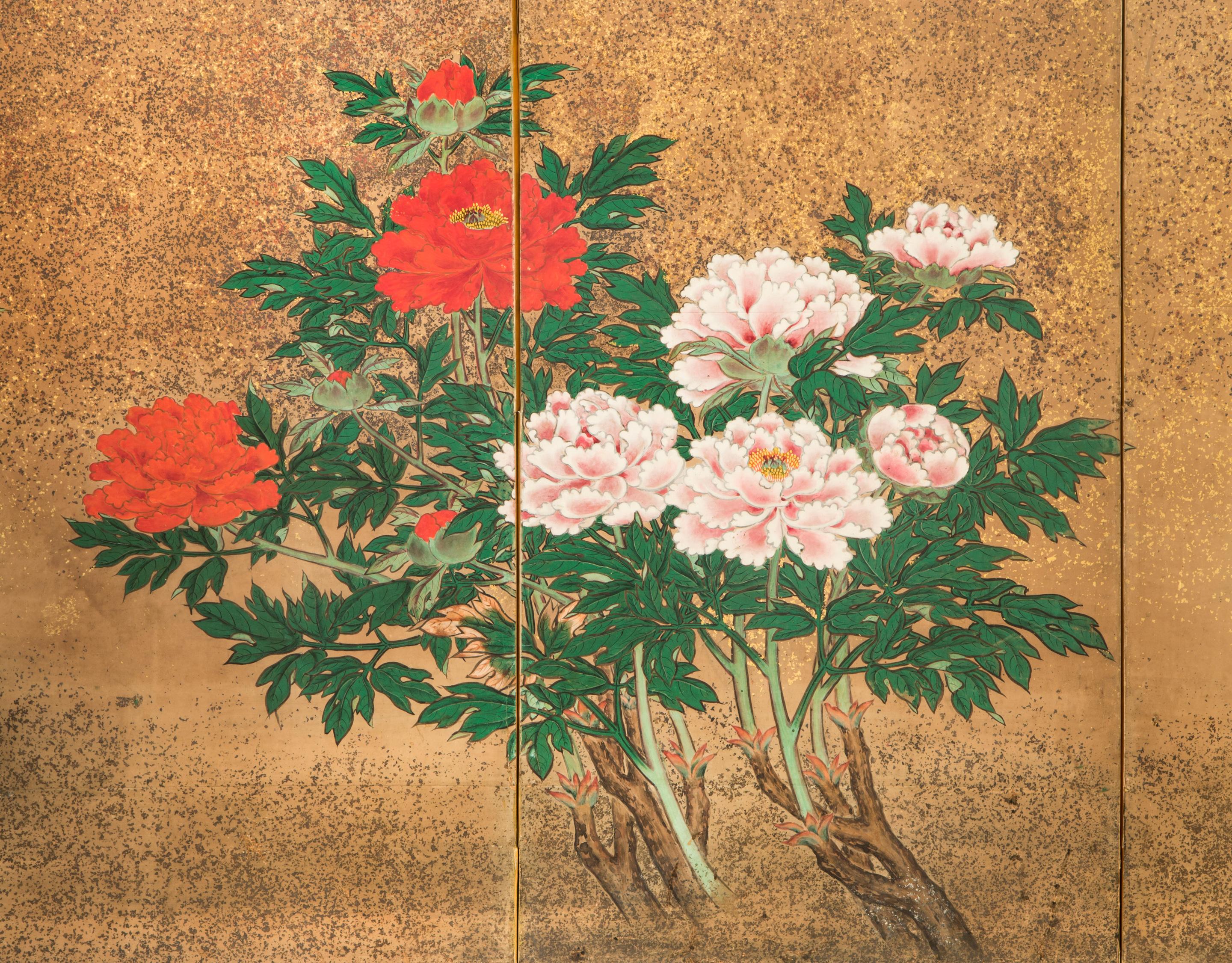 Japanese 8 Panel Screen of Flowering Peonies For Sale 1