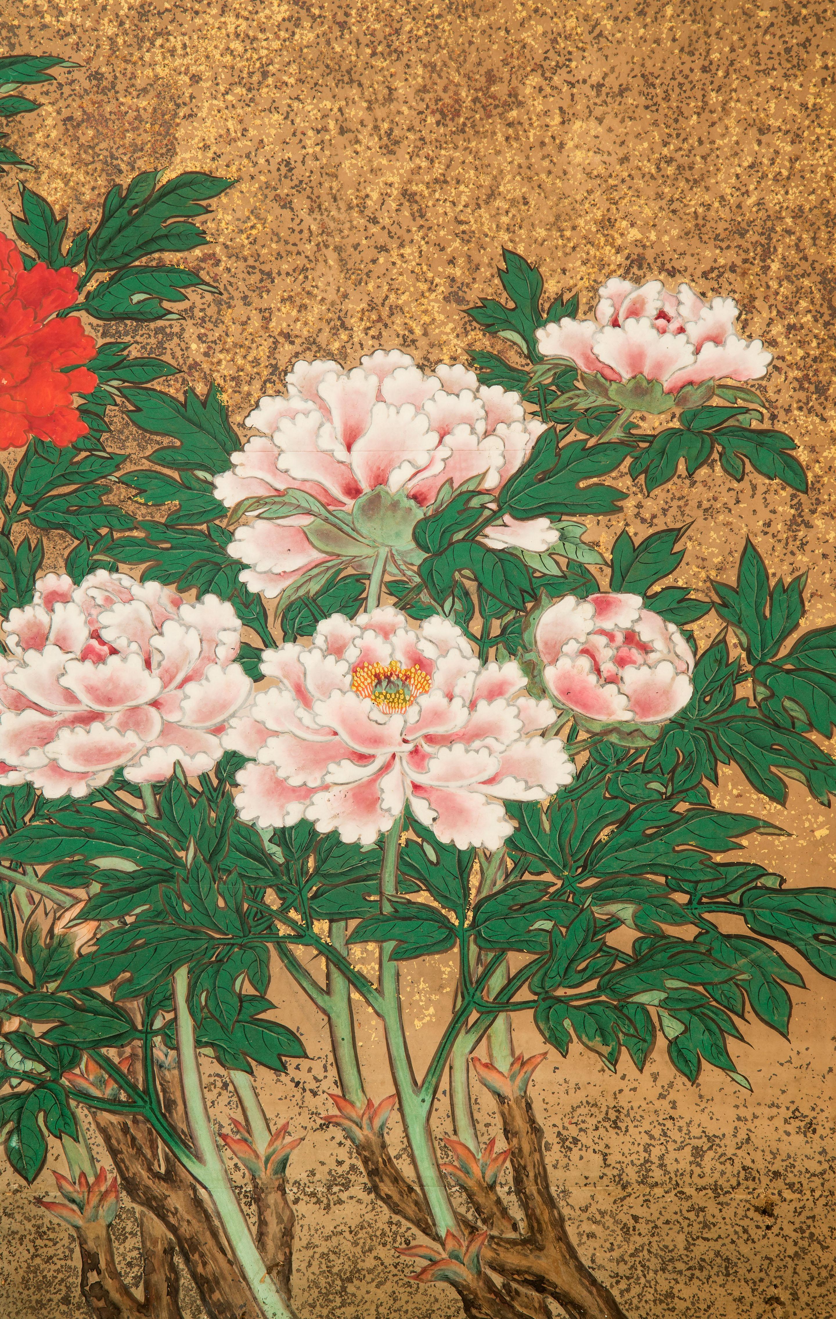 Japanese 8 Panel Screen of Flowering Peonies For Sale 2