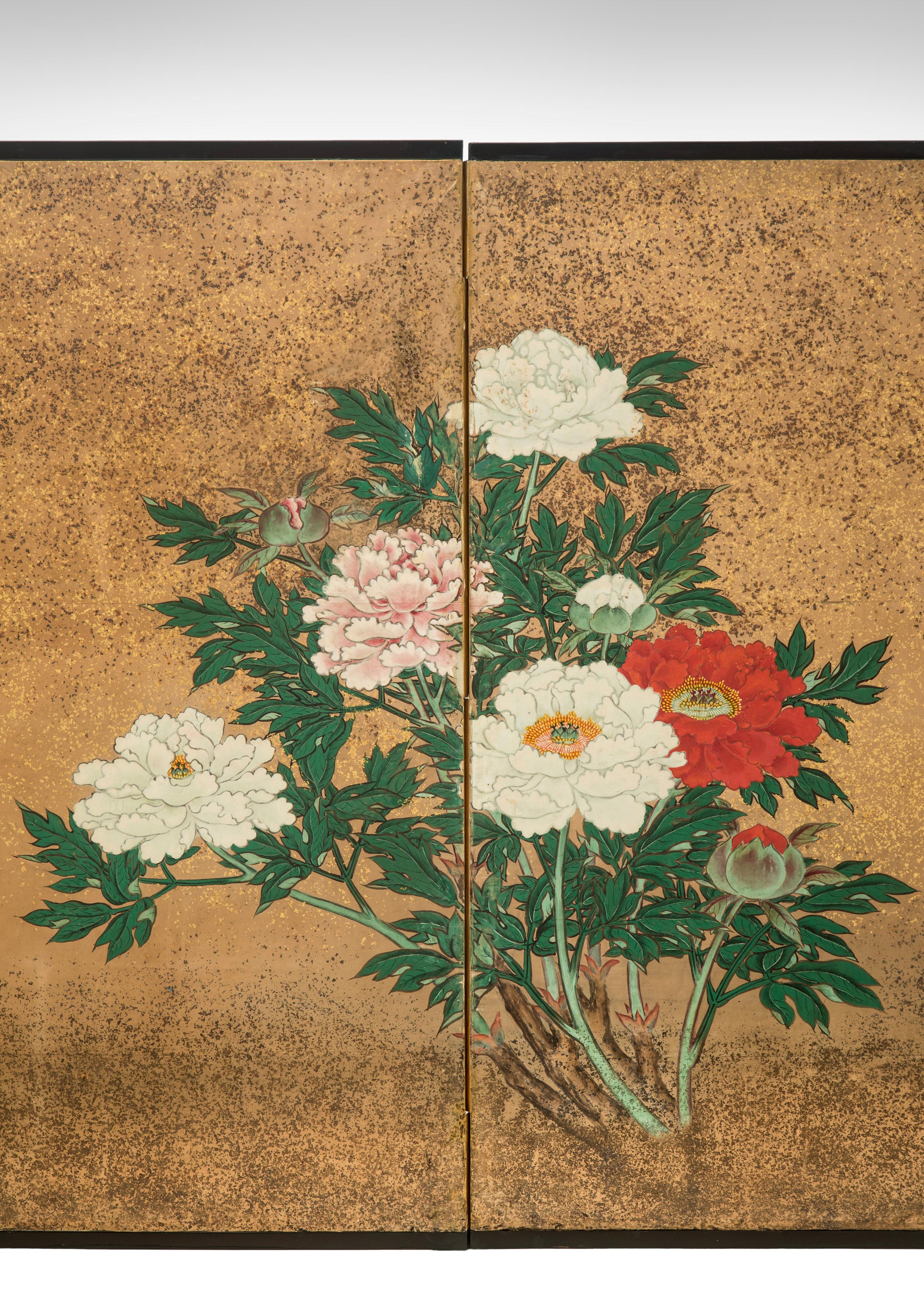Japanese 8 Panel Screen of Flowering Peonies For Sale 3