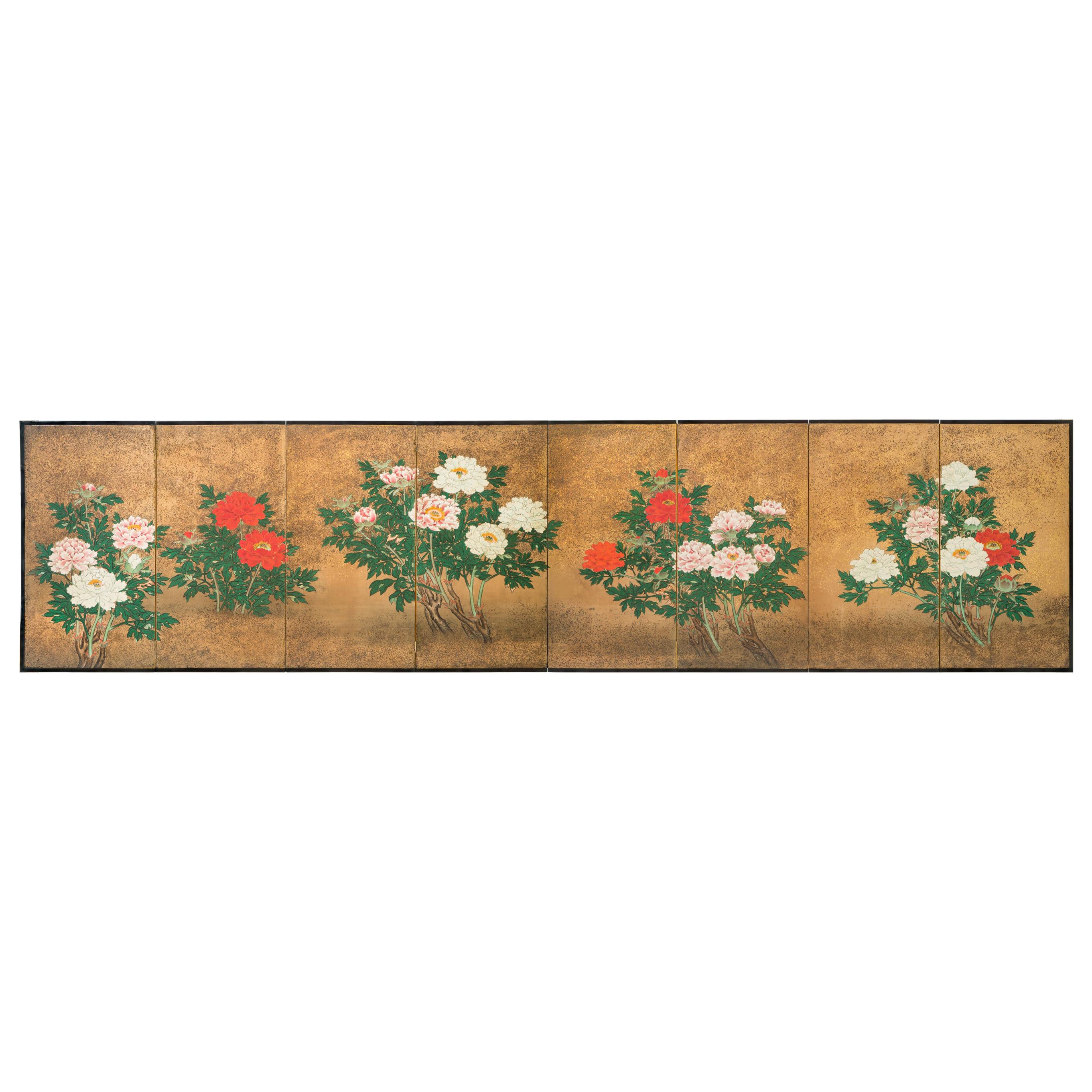 Japanese 8 Panel Screen of Flowering Peonies For Sale