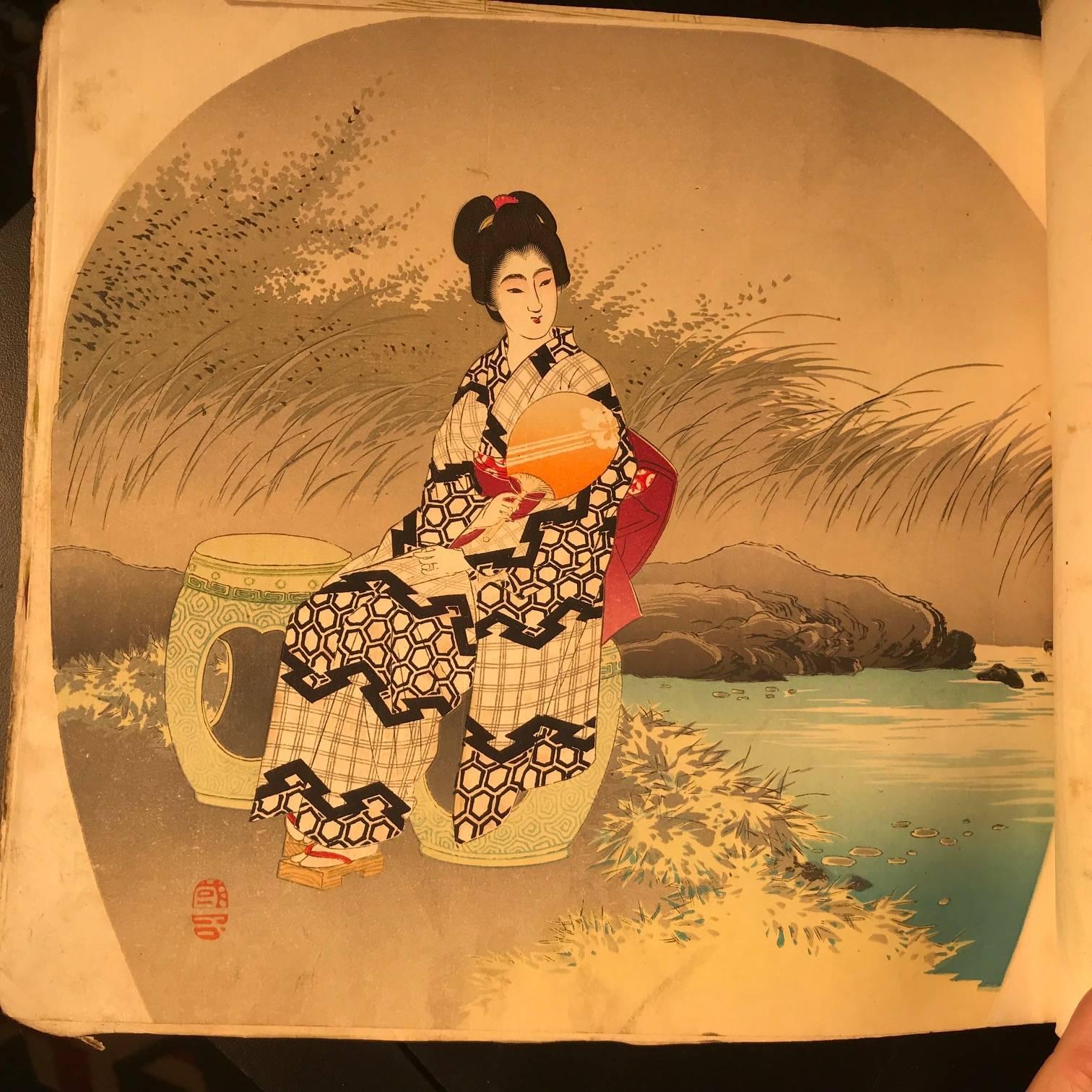 Japanese 89 Antique Brilliant Color Woodblock Fan Prints Immediately Frameable 9