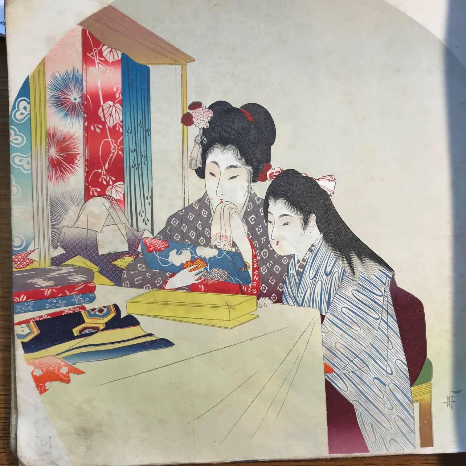 Paper Japanese 89 Antique Brilliant Color Woodblock Fan Prints Immediately Frameable