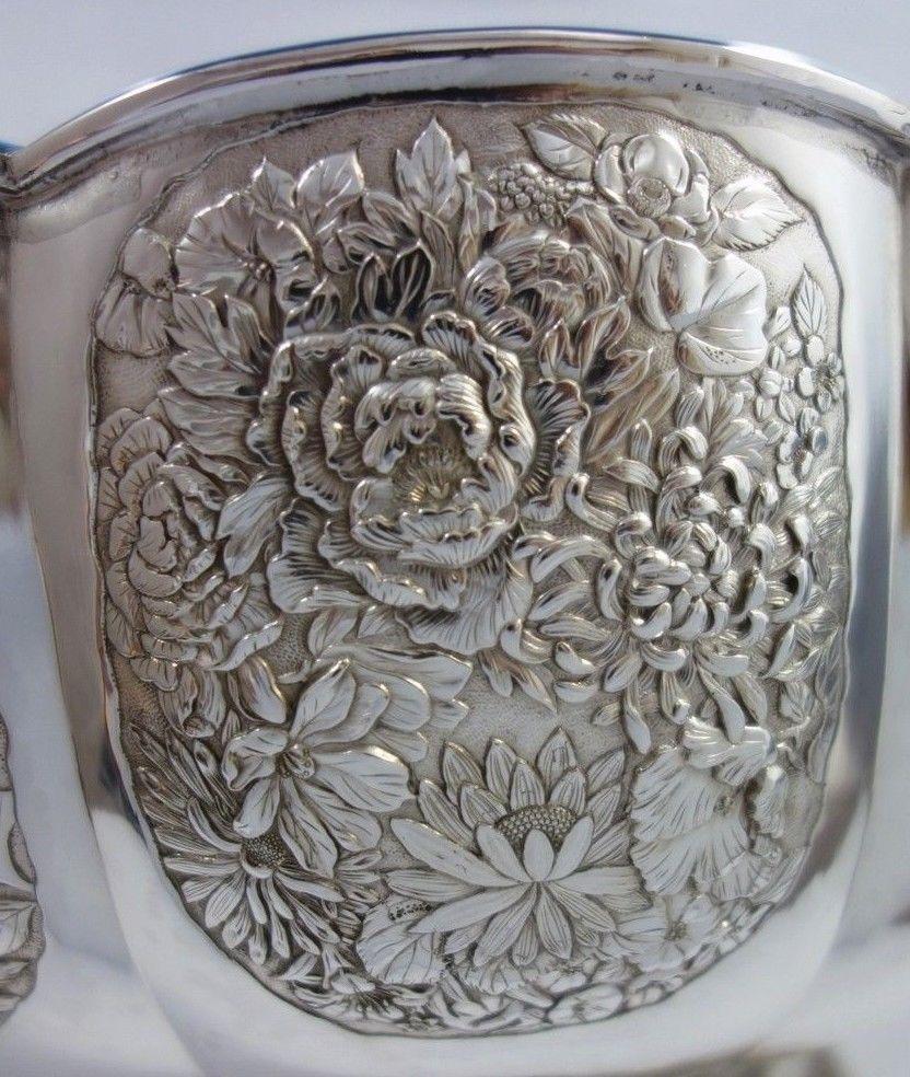 20th Century Japanese .950 Silver Centerpiece Bowl with Flowers Leaves Butterflies