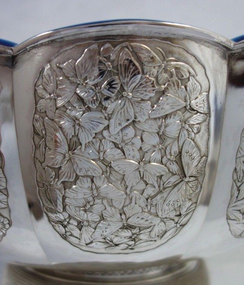 Japanese .950 Silver Centerpiece Bowl with Flowers Leaves Butterflies 1