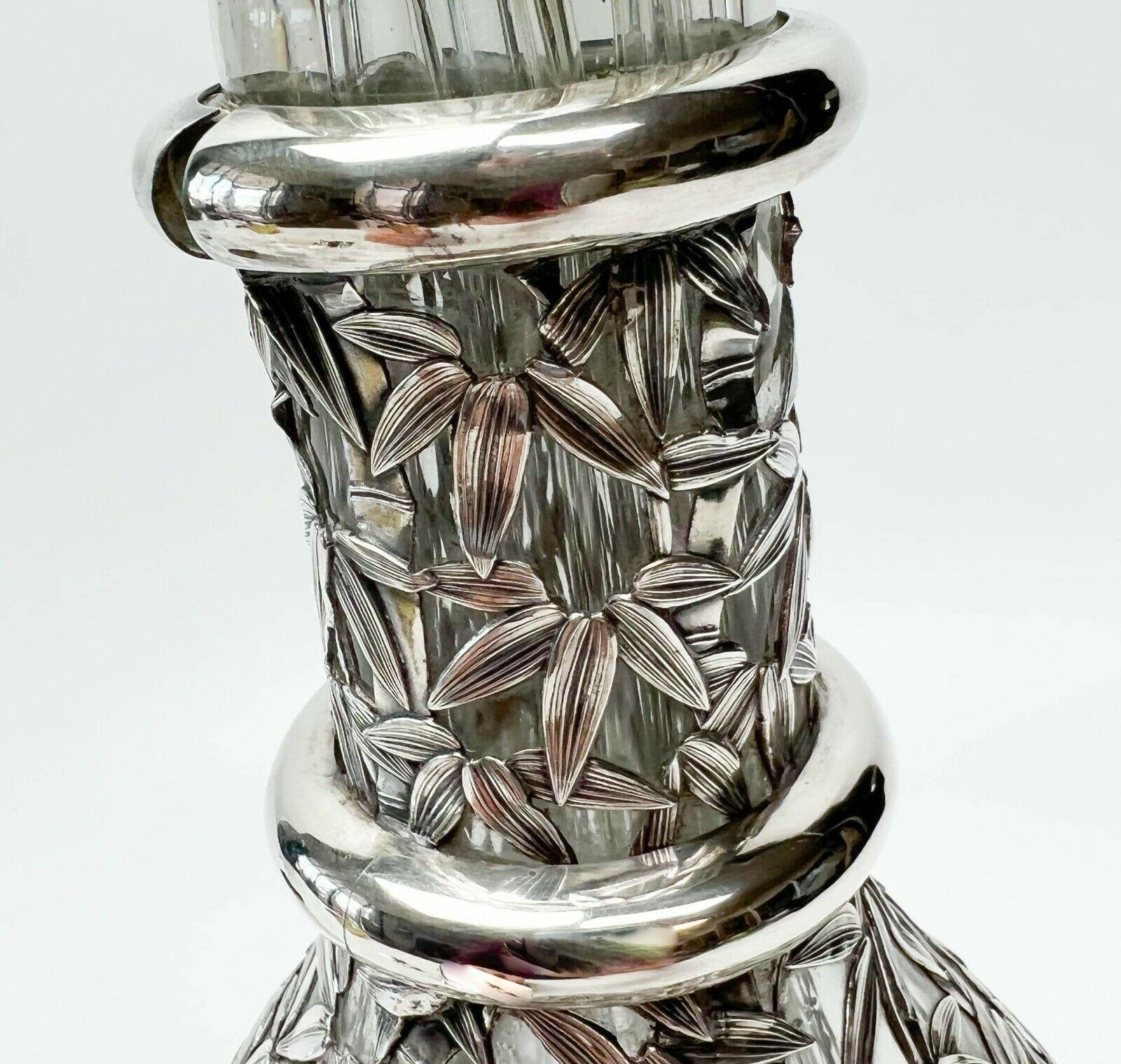 20th Century Japanese 950 Silver Overlay Glass 4 Chamber Decanter Bamboo Design For Sale