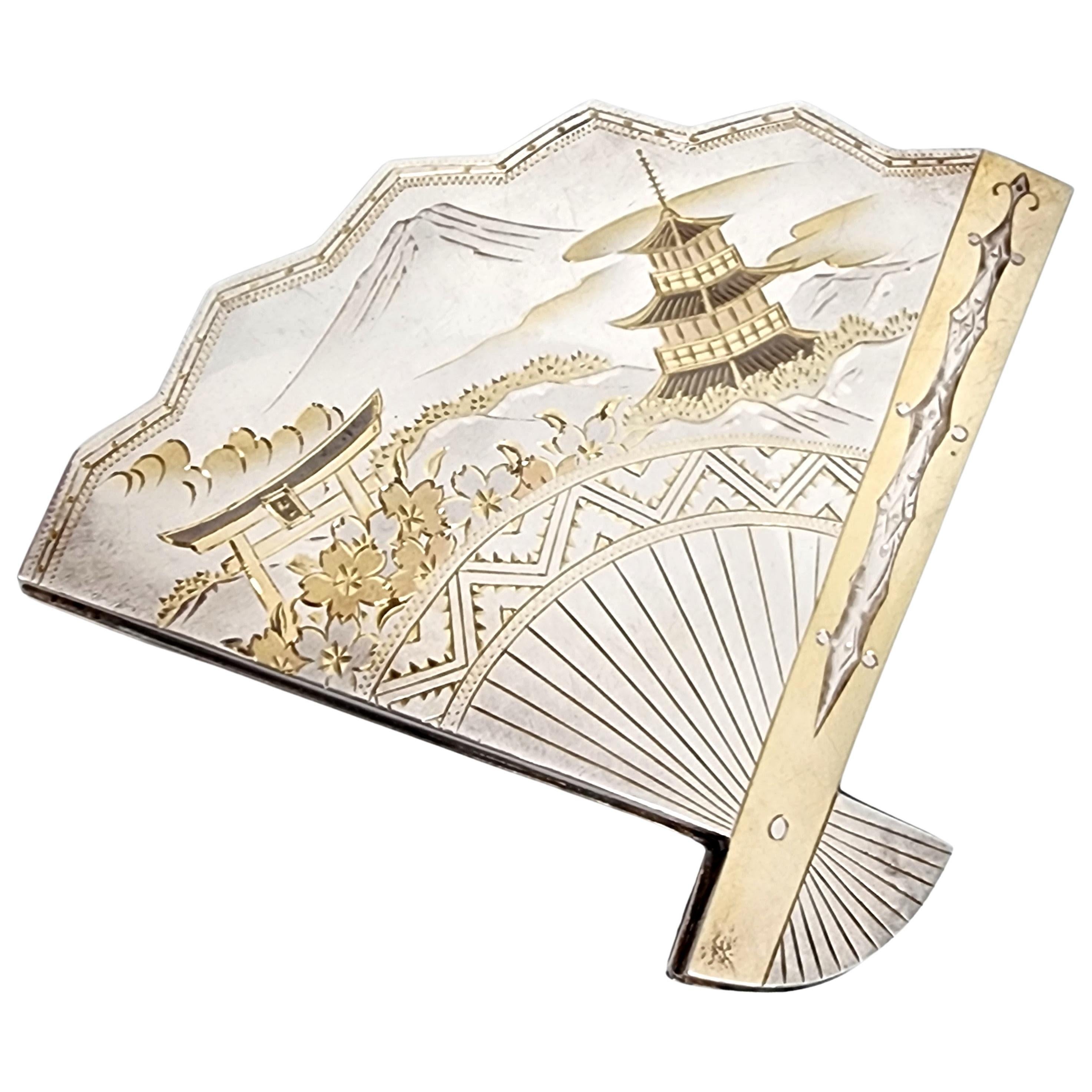 Japanese 950 Sterling Gold Accent Fan Mirror Compact with Box #14636 5