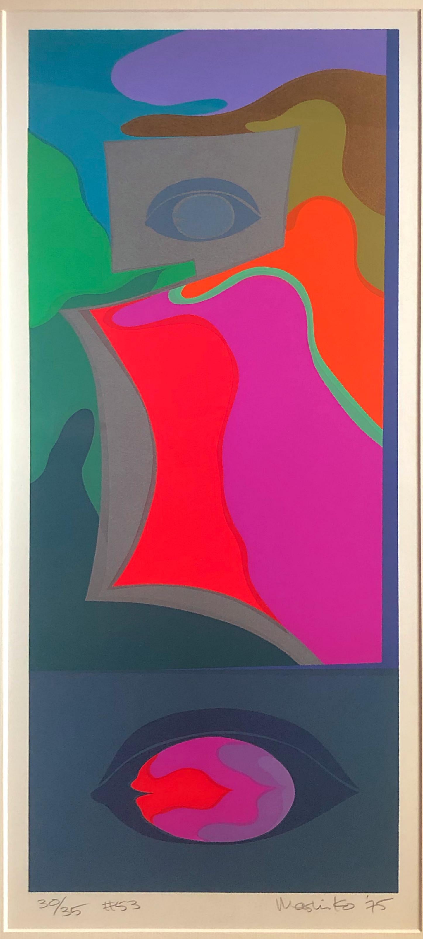 Se muestra una serie de 6 obras, una al lado de la otra, del grabador japonés de arte pop Mashiko. Las piezas que tenemos son de los años 70 y 80, de la época en que los artistas se alejaban del arte más tradicional y buscaban celebrar cosas más