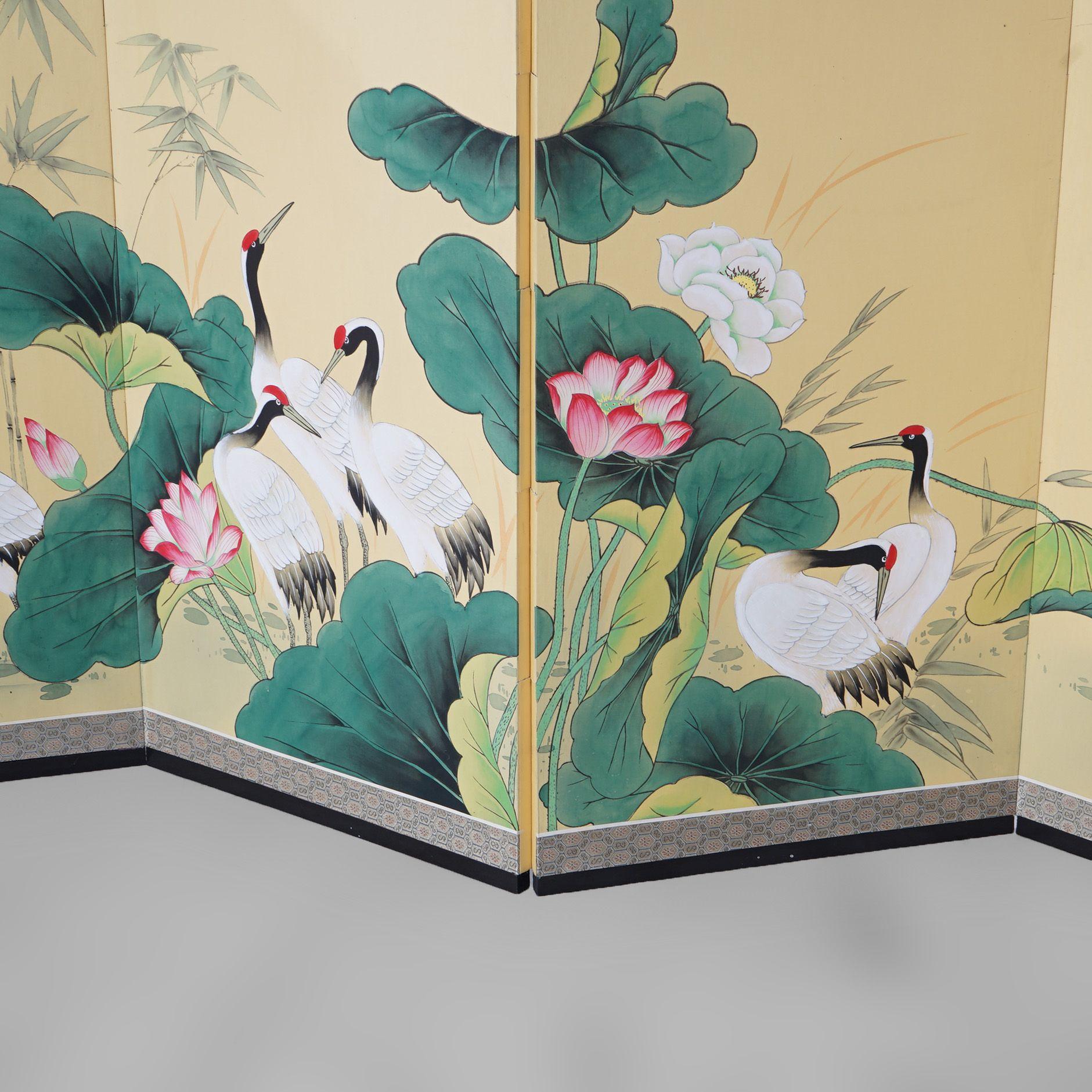 Japanese Aesthetic Four-Panel Hand-Painted Table Screen, Marsh Scene, Mid 20thC In Good Condition In Big Flats, NY