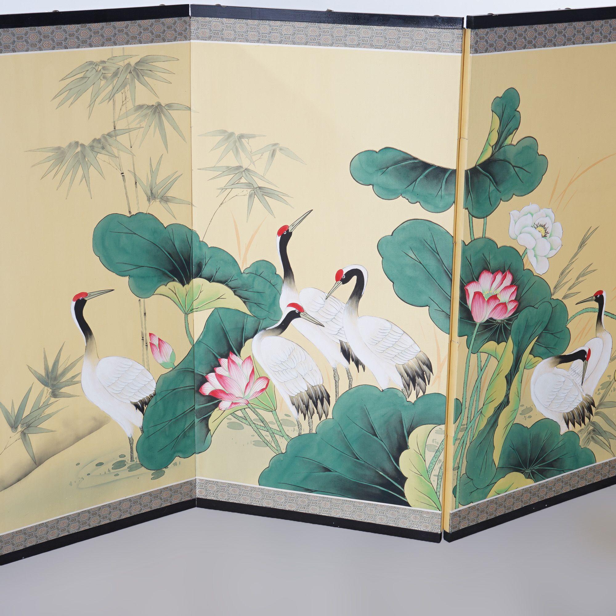 20th Century Japanese Aesthetic Four-Panel Hand-Painted Table Screen, Marsh Scene, Mid 20thC