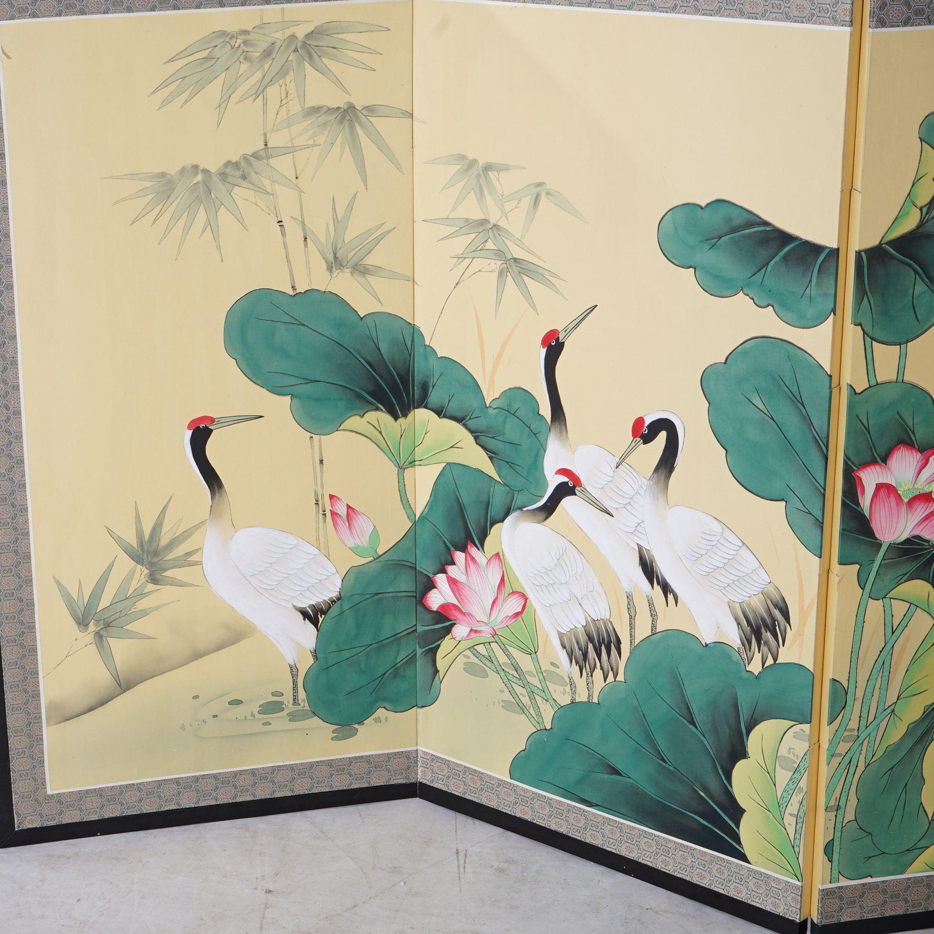Paper Japanese Aesthetic Four-Panel Hand-Painted Table Screen, Marsh Scene, Mid 20thC