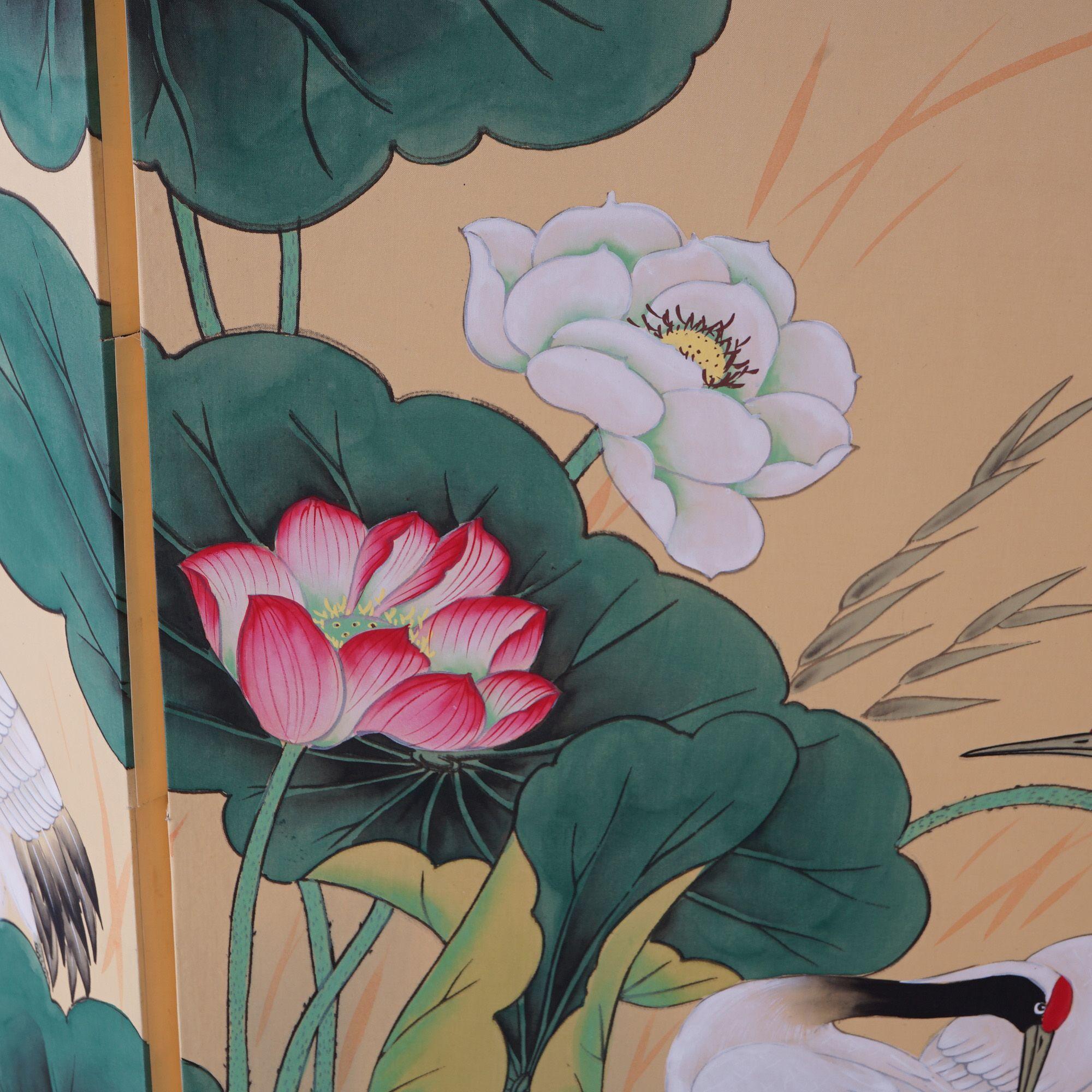 Japanese Aesthetic Four-Panel Hand-Painted Table Screen, Marsh Scene, Mid 20thC 1