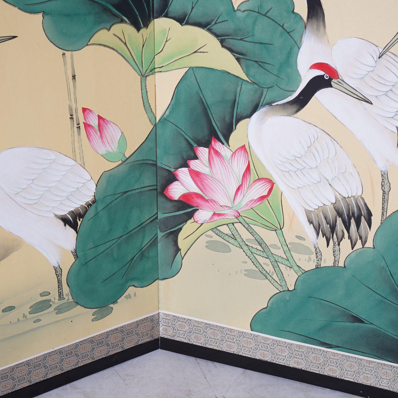 Japanese Aesthetic Four-Panel Hand-Painted Table Screen, Marsh Scene, Mid 20thC 2