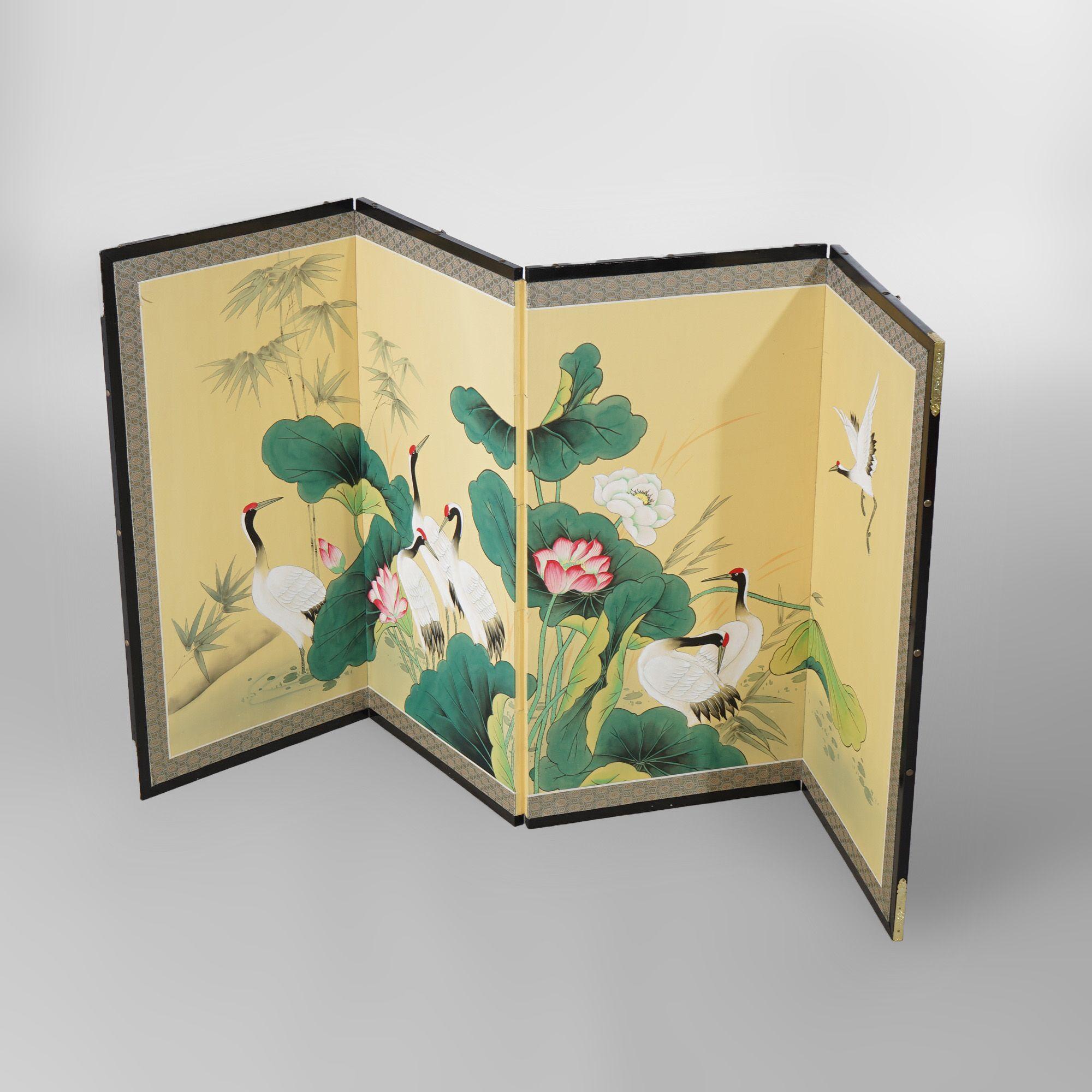 Japanese Aesthetic Four-Panel Hand-Painted Table Screen, Marsh Scene, Mid 20thC 4