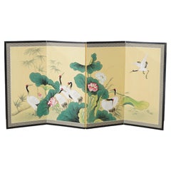 Japanese Aesthetic Four-Panel Hand-Painted Table Screen, Marsh Scene, Mid 20thC
