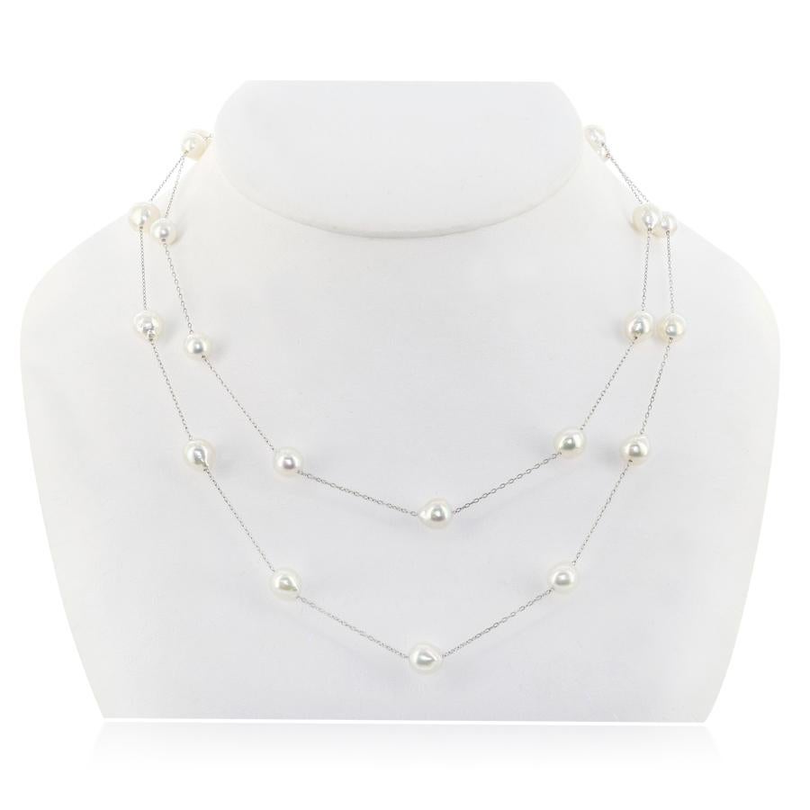 This cultured Japanese Akoya baroque pearl and sterling silver chain tin-cup necklace can be worn as one long rope, or doubled. When worn long, the necklace measures 36 inches. 
AN ELEGANT EXPRESSION – This gorgeous cultured pearl jewelry adds a