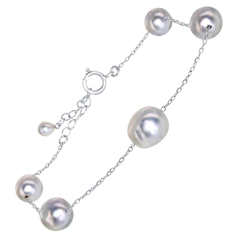 Japanese Akoya Blue Baroque Pearl and Sterling Silver Adjustable Bracelet For Sale