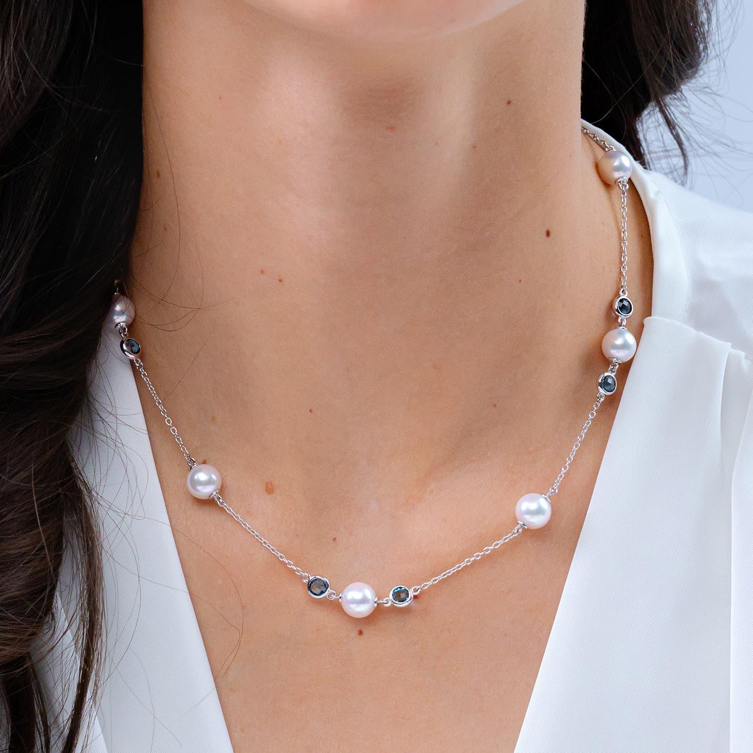 Modern Japanese Akoya Cultured Pearl & London Blue Topaz Station Necklace in 14K Gold For Sale