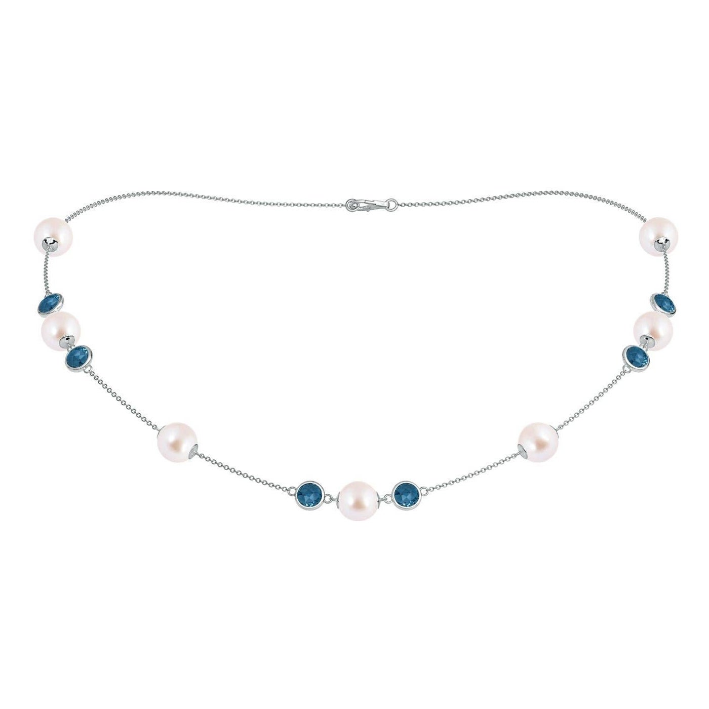 Japanese Akoya Cultured Pearl & London Blue Topaz Station Necklace in 14K Gold For Sale