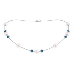 Japanese Akoya Cultured Pearl & London Blue Topaz Station Necklace in 14K Gold