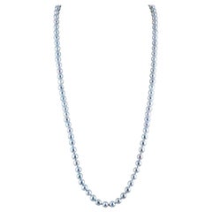Japanese Akoya Natural Blue Color Rope Necklace with 14k White Gold Ball Clasp