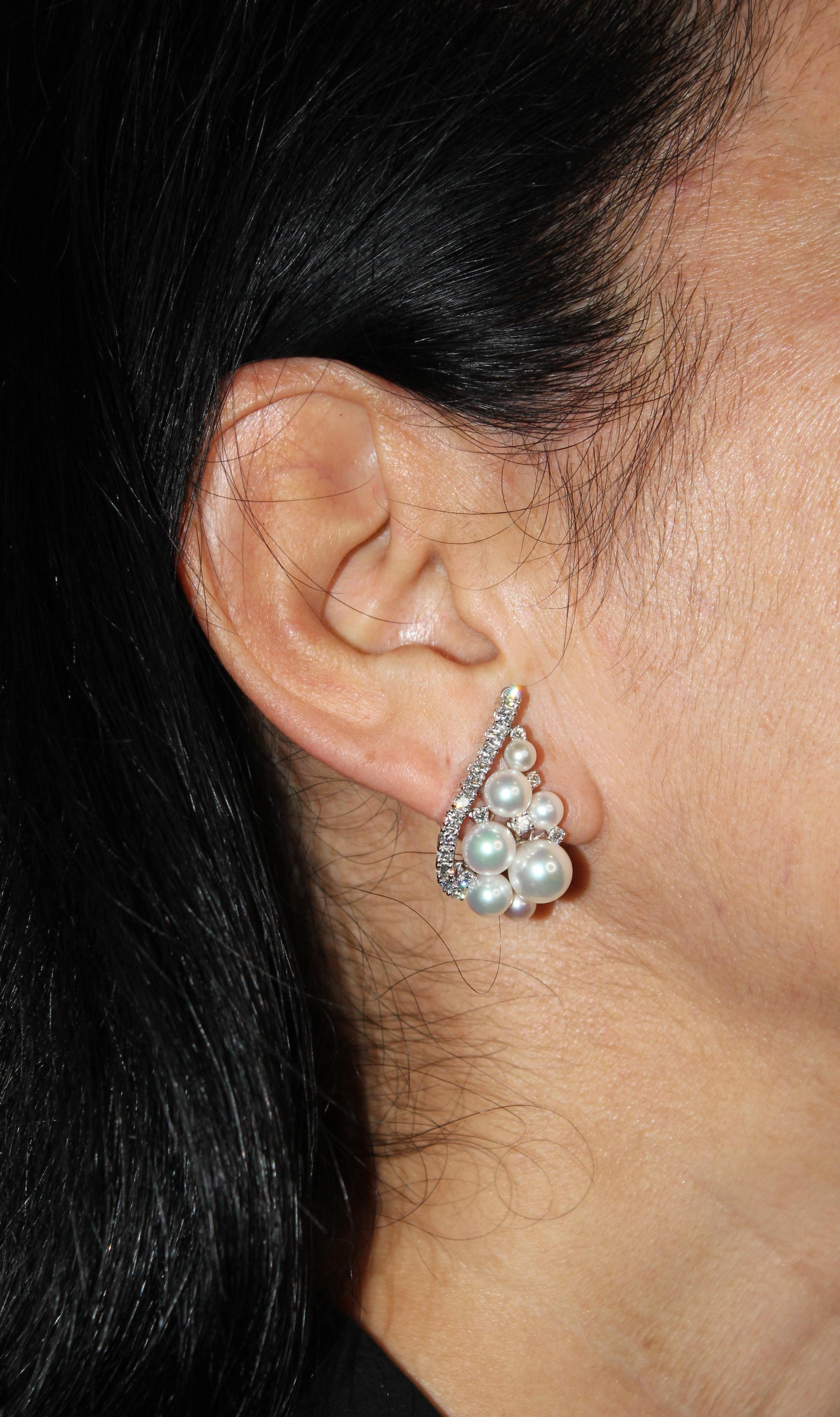 Japanese White Akoya Pearl 18K White Gold Luxury Grapes Crown Diamond Earrings For Sale 4