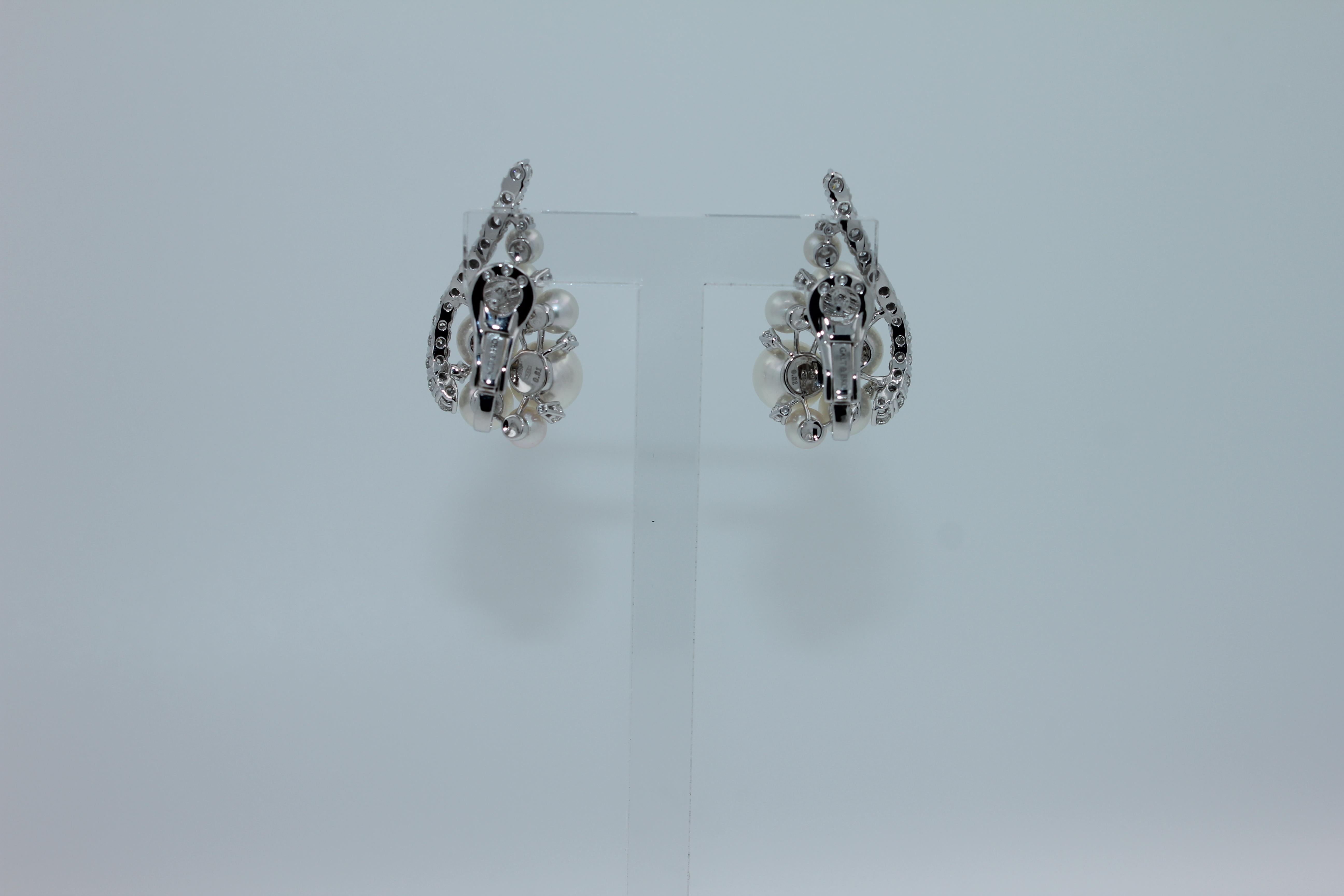 Japanese White Akoya Pearl 18K White Gold Luxury Grapes Crown Diamond Earrings For Sale 5