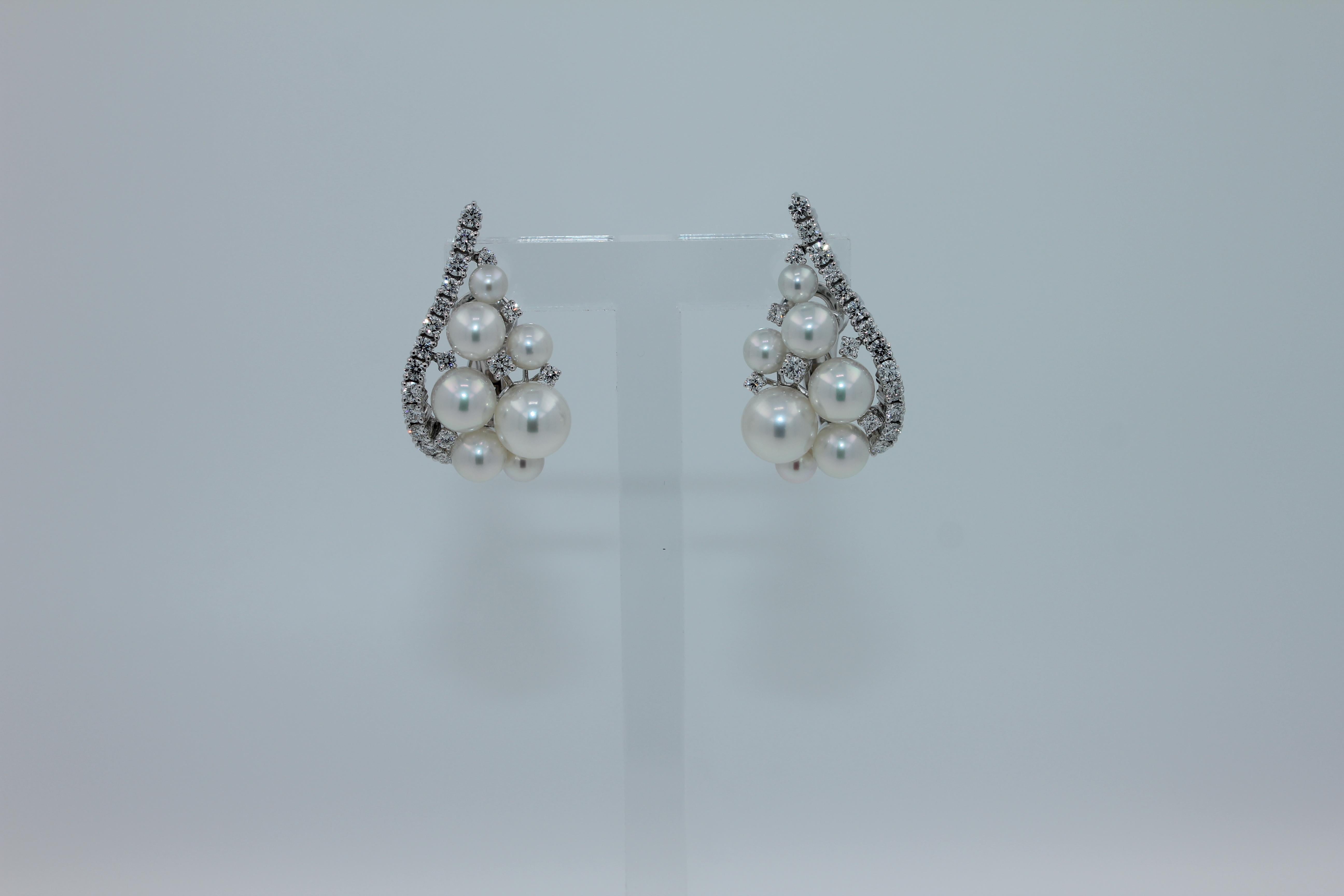 Japanese White Akoya Pearl 18K White Gold Luxury Grapes Crown Diamond Earrings For Sale 6