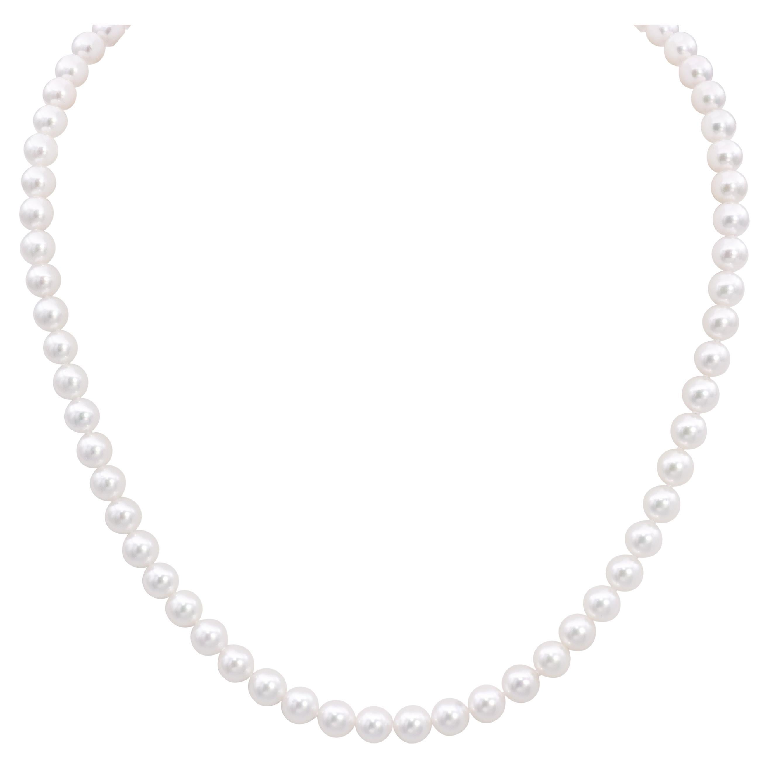 Japanese Akoya Pearl Necklace, 0.37 Carat Total Round Cut Diamond