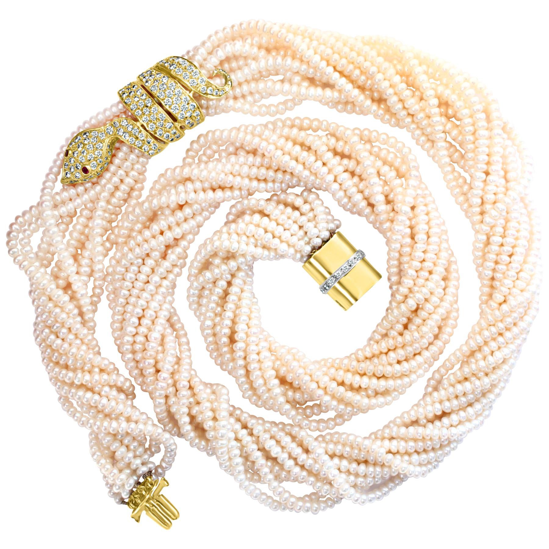 Japanese Akoya Pearl with Snake Diamond Slider and Clasp Opera Length Necklace
