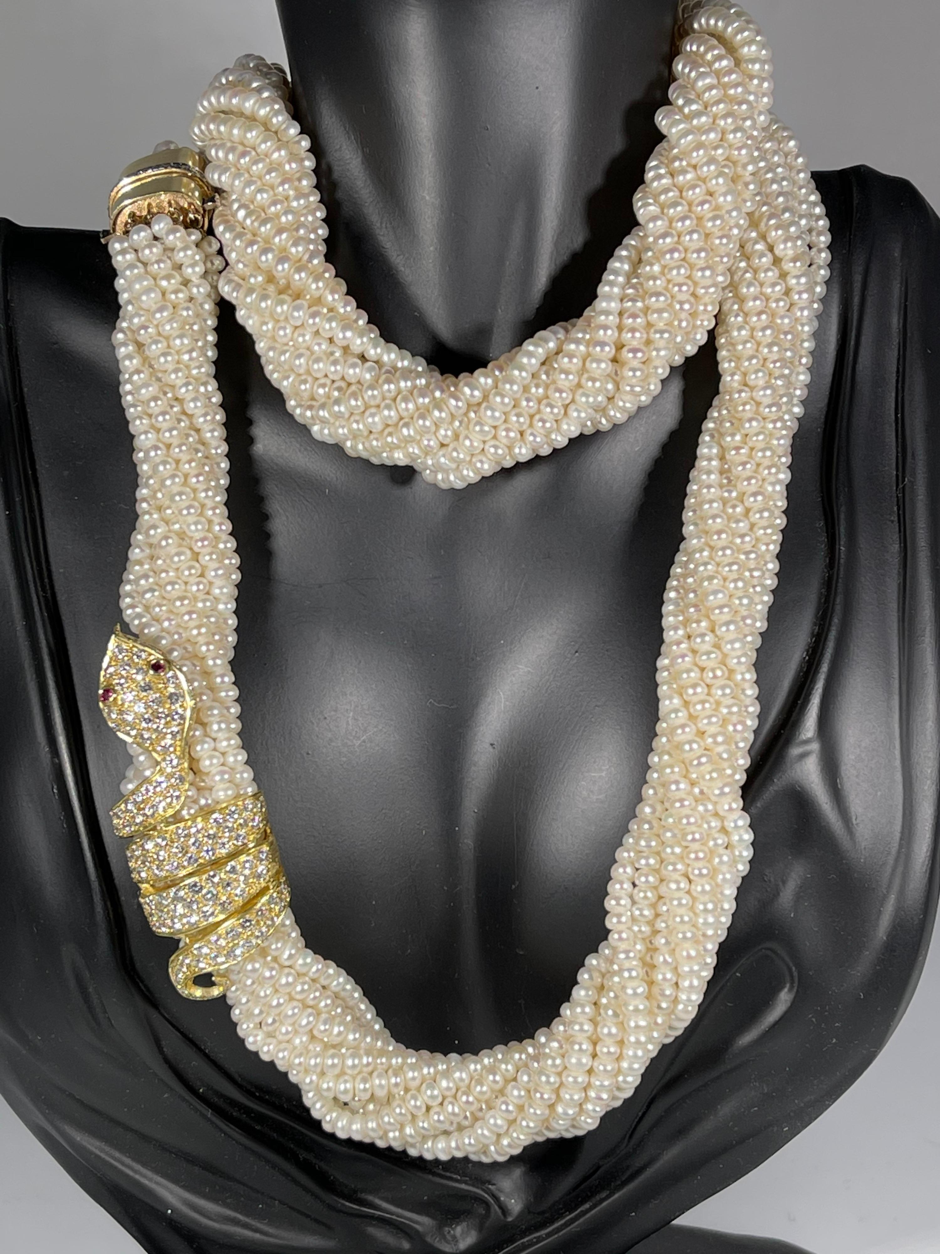 Japanese Akoya Pearl with Snake Diamond Slider and Clasp Opera Length Necklace For Sale 4