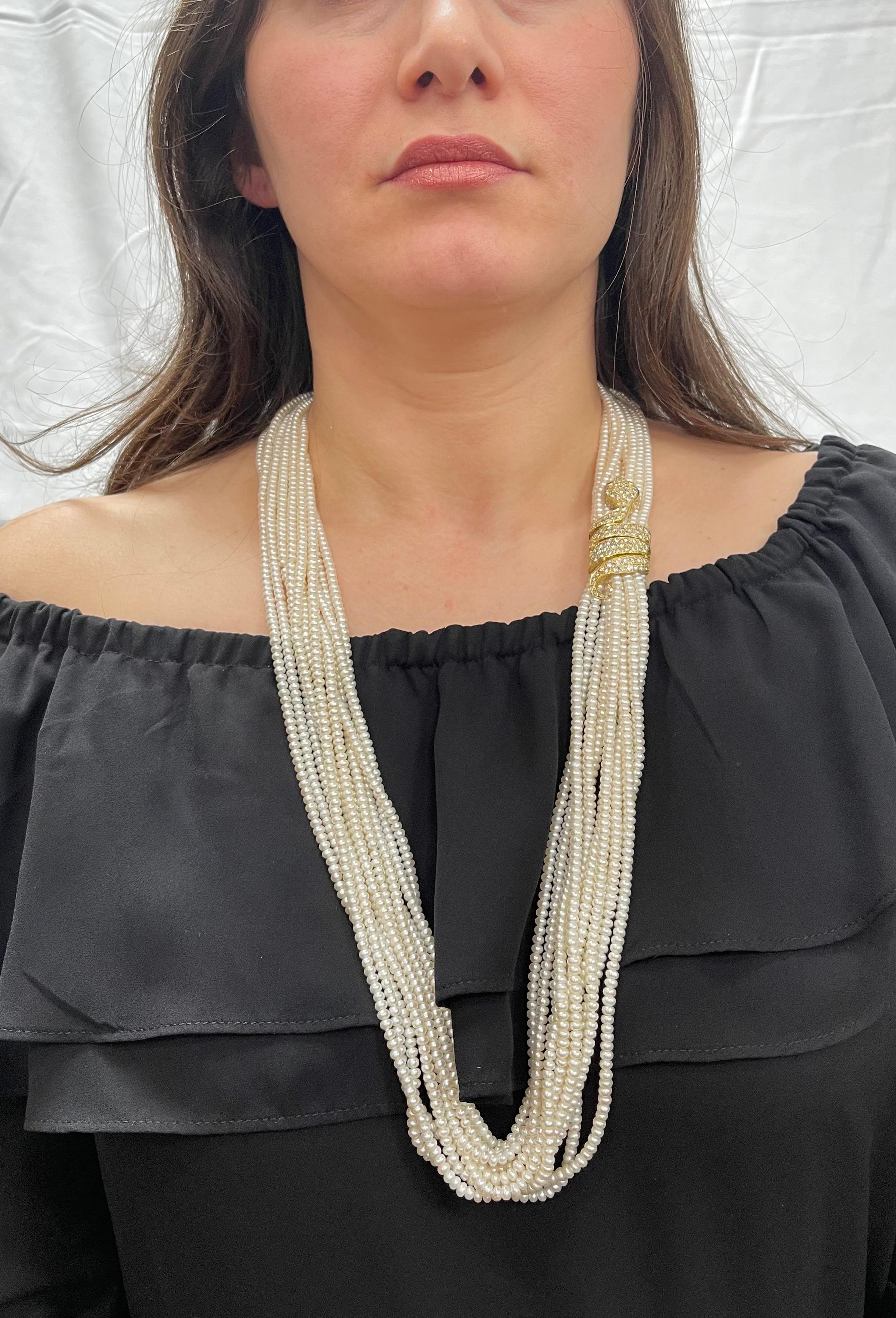 Japanese Akoya Pearl with Snake Diamond Slider and Clasp Opera Length Necklace For Sale 14