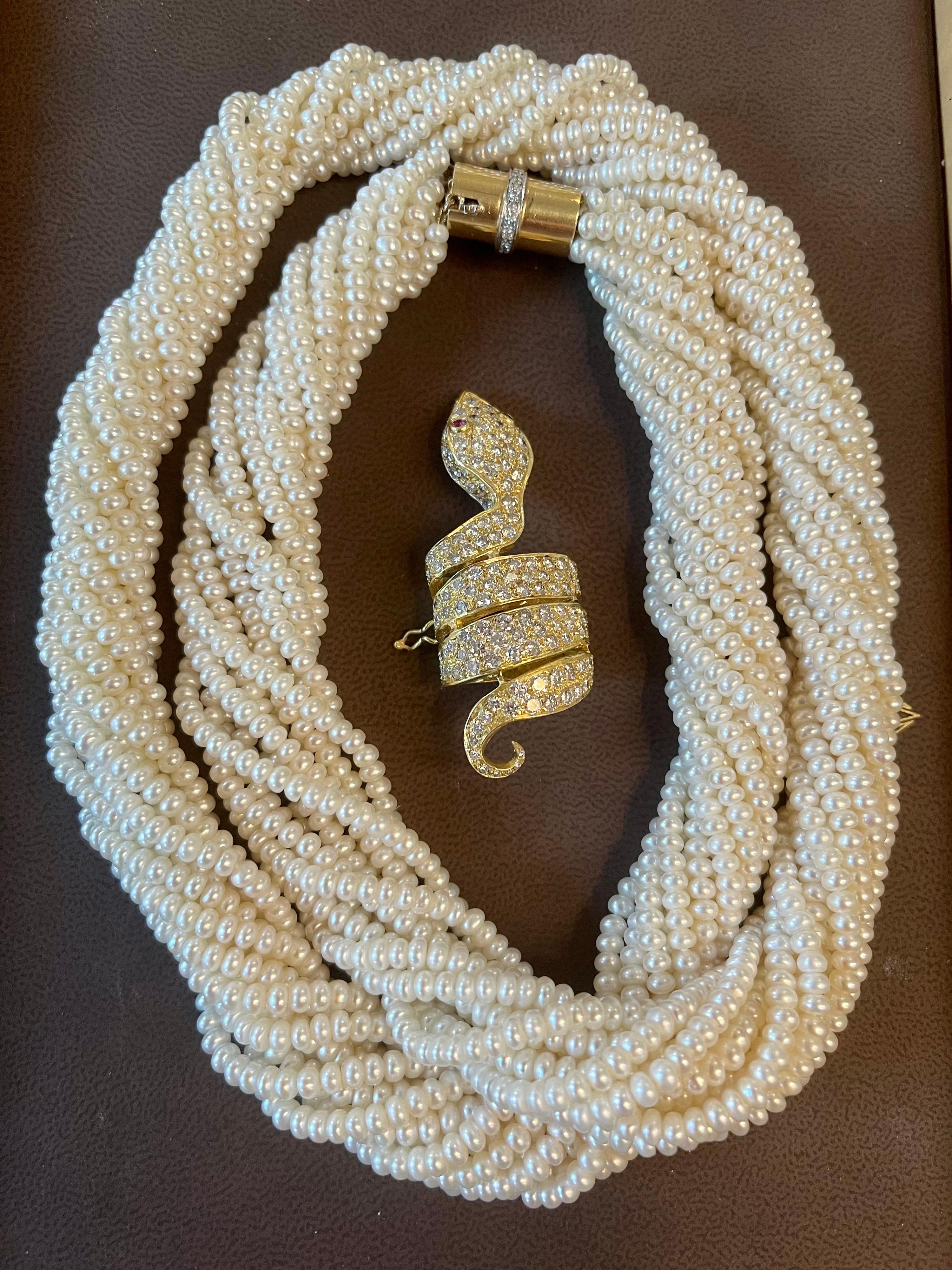 Japanese Akoya Pearl with Snake Diamond Slider and Clasp Opera Length Necklace In Excellent Condition For Sale In New York, NY